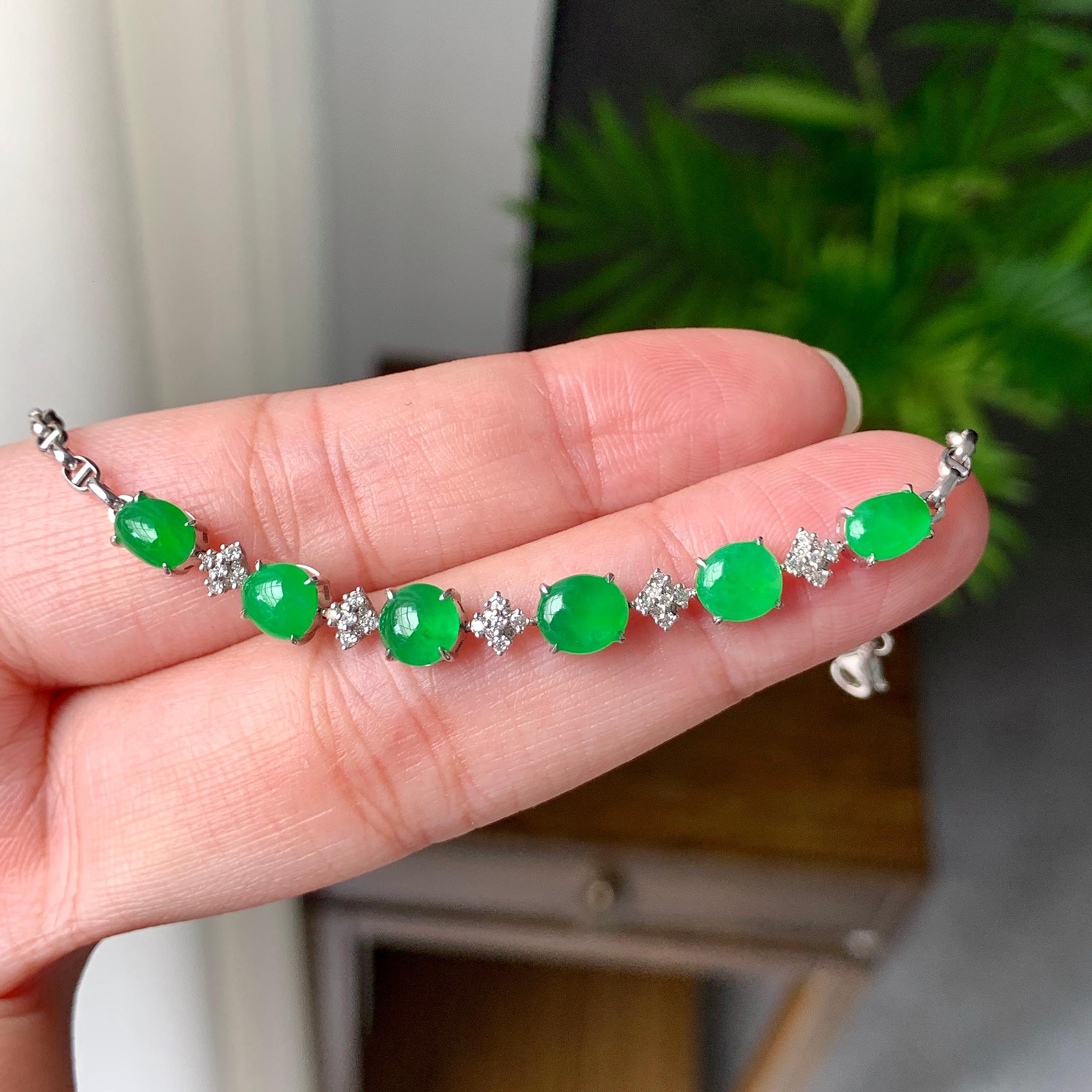 18K金钻镶糯冰种满绿蛋面手链（yc207282）