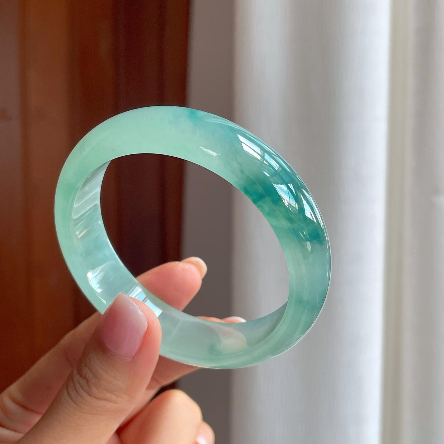 冰种飘花宽版翡翠平安镯（58mm)（yc382346）