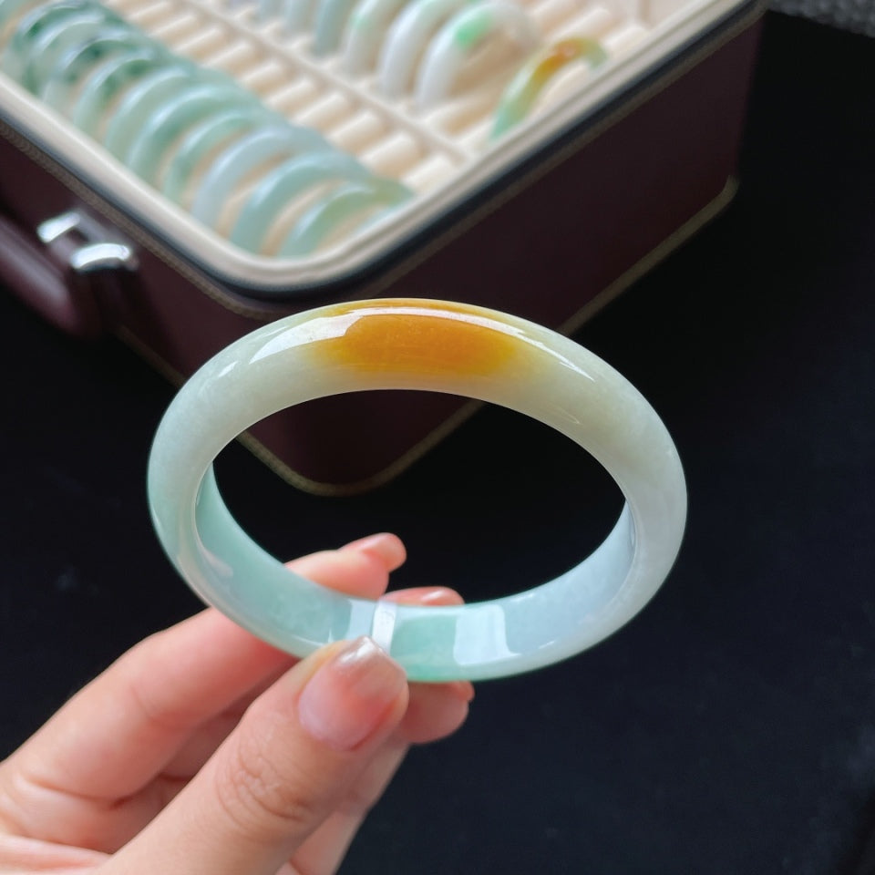 细糯冰黄加绿正圈翡翠手镯（58.5mm）（yc017173）