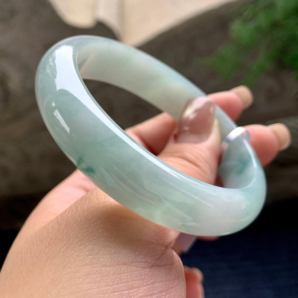 大圈口 细糯种飘蓝花正圈平安镯 58圈口 天然缅甸A货翡翠（yc358874）