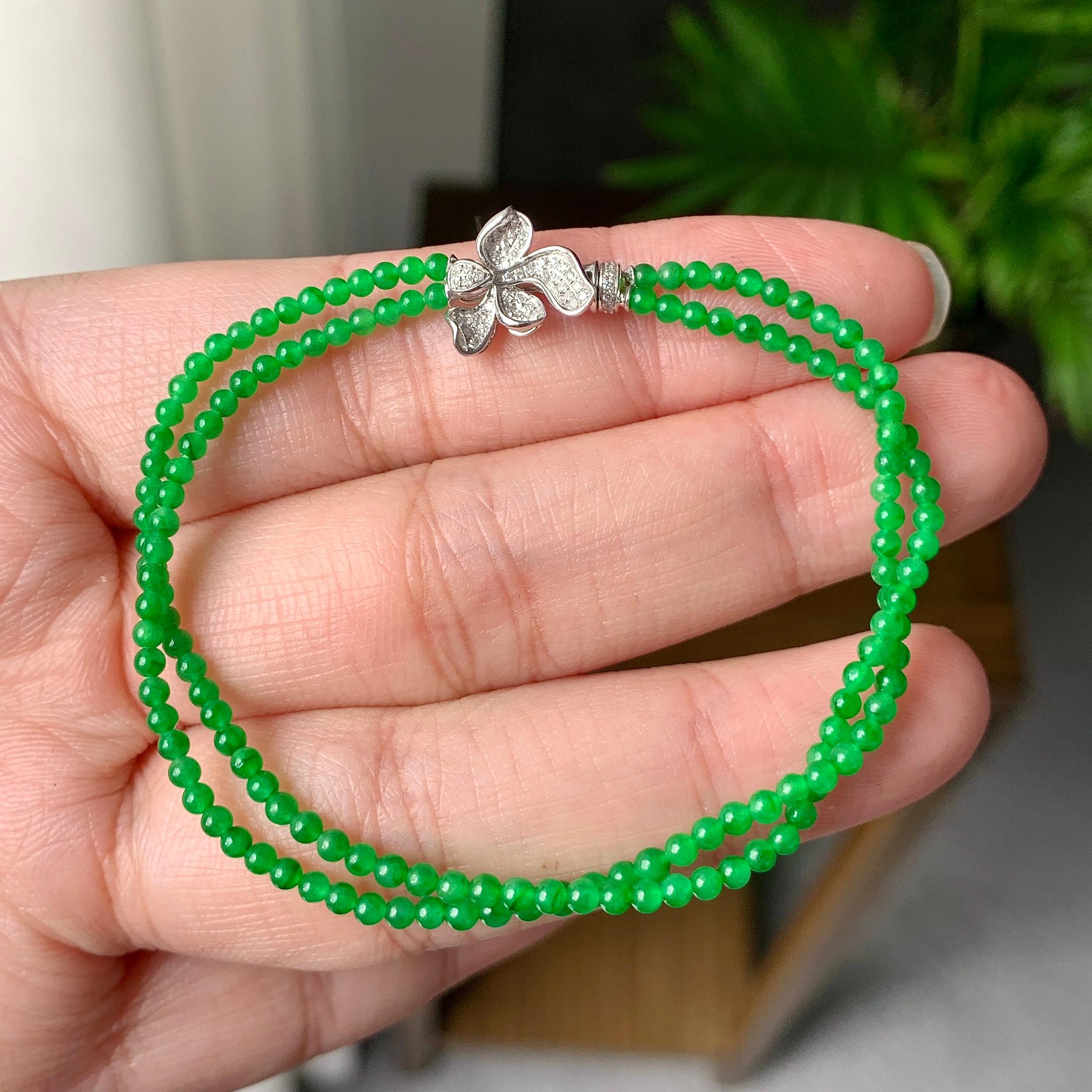 18K金钻镶糯冰种满绿小米珠链/手链（两用款）（yc252059）