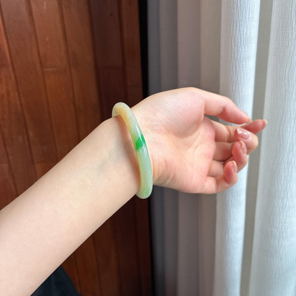 糯冰黄加绿翡翠圆条手镯 53圈（yc436796）