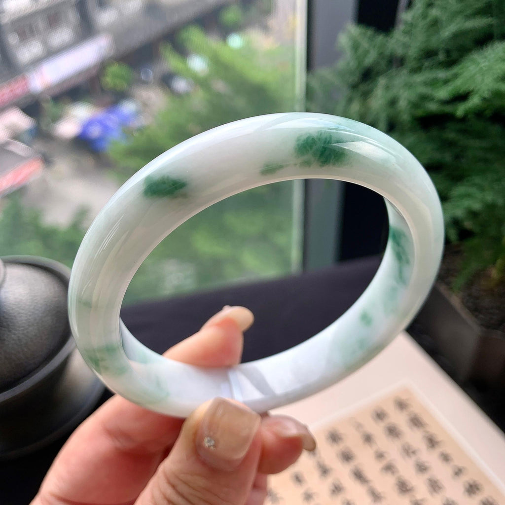大圈口 细糯种飘绿花正圈平安镯 61.3圈口 天然缅甸A货翡翠（yc477607）