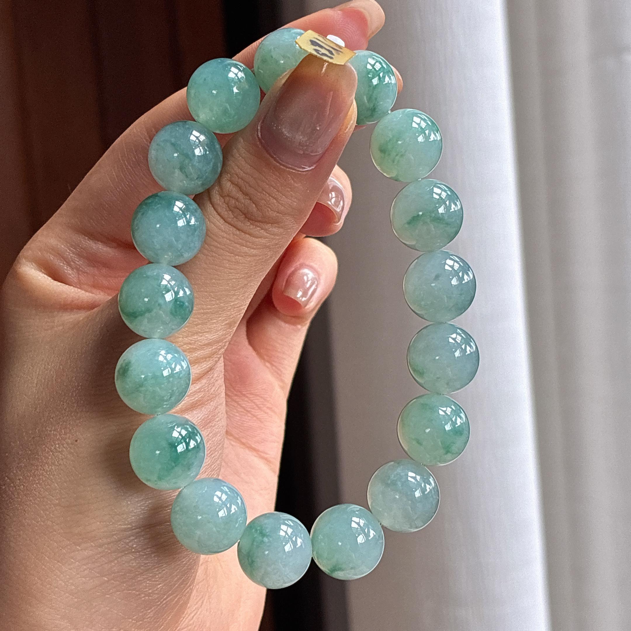 糯冰蓝晴飘花手串 天然缅甸A货翡翠（yc440816）