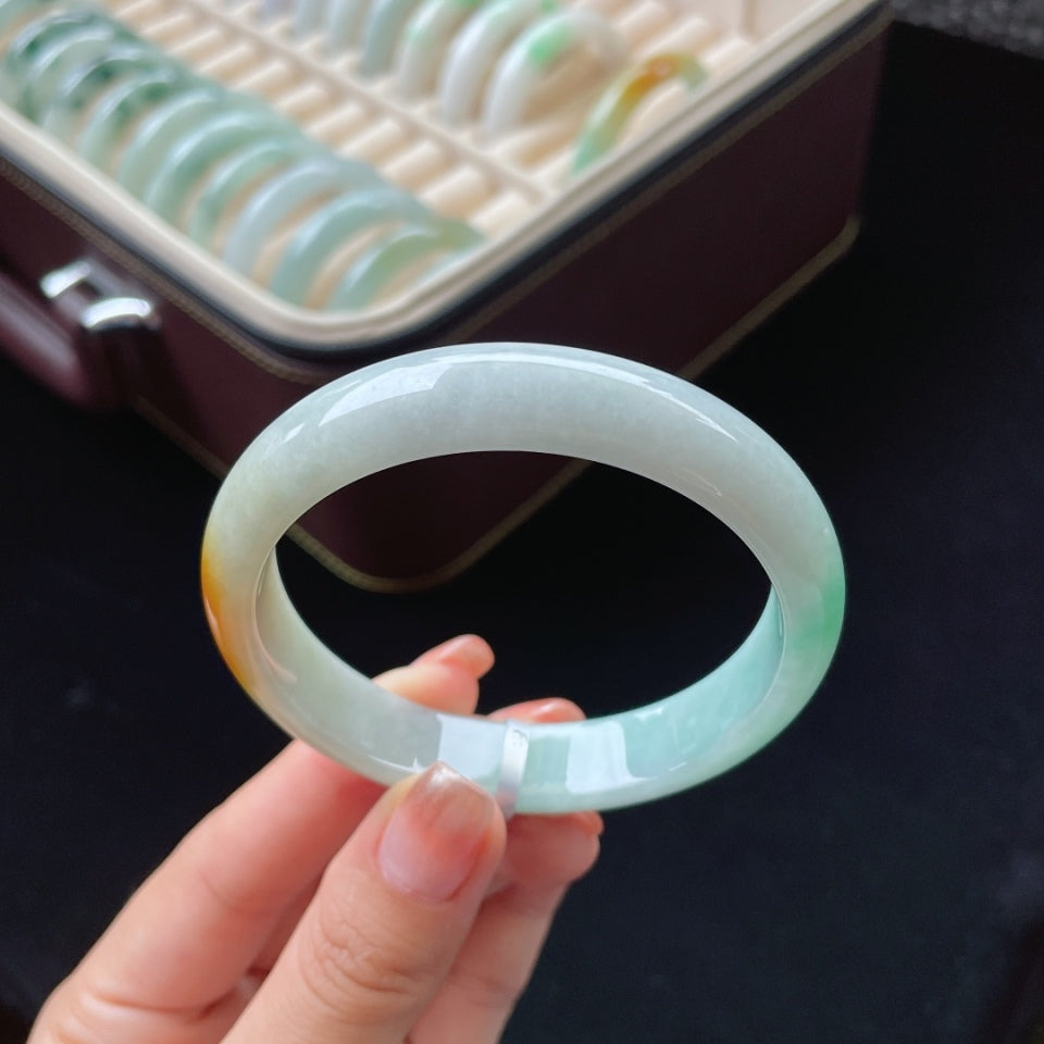 细糯冰黄加绿正圈翡翠手镯（58.5mm）（yc017173）
