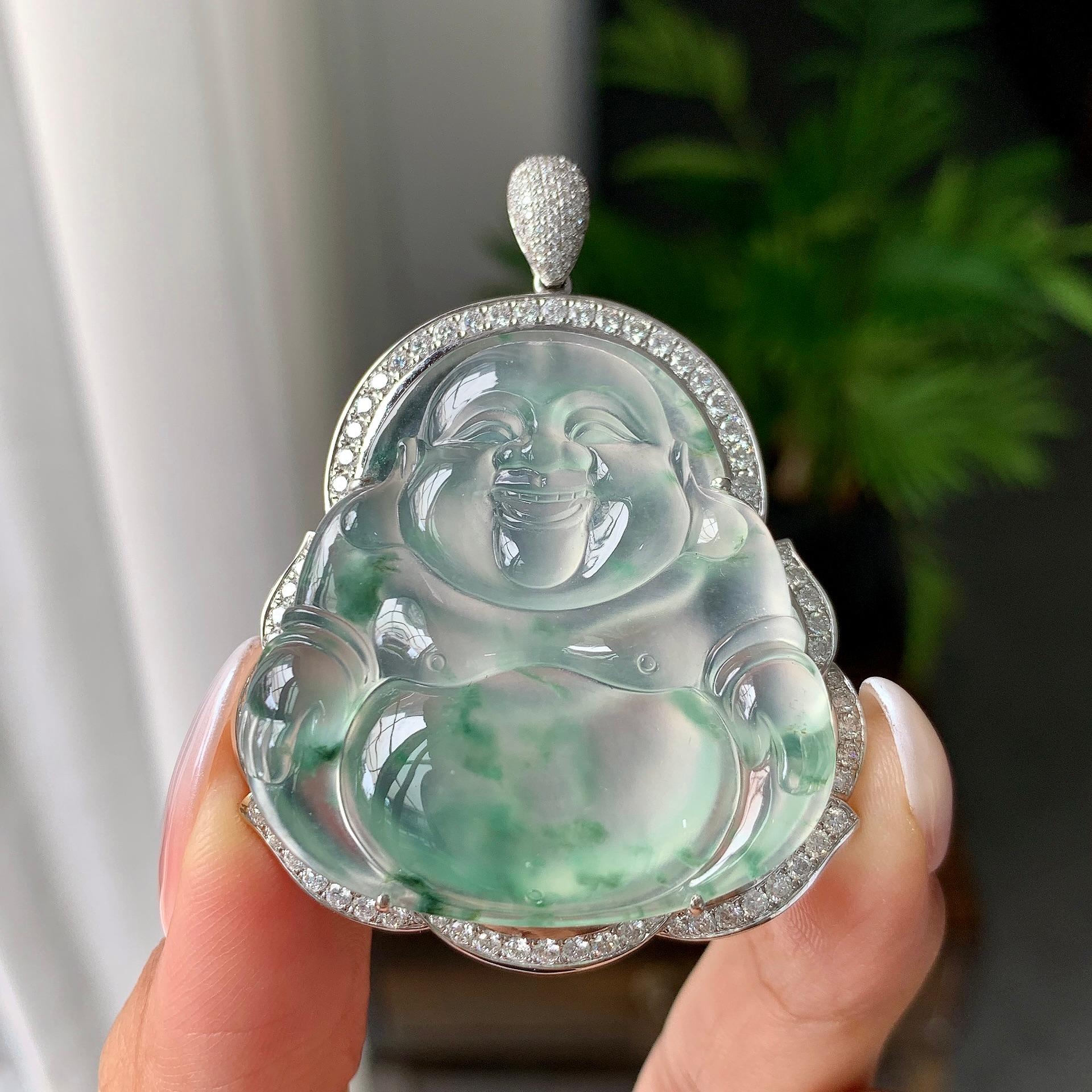 18k金钻镶冰种飘花佛公挂件（yc182089）
