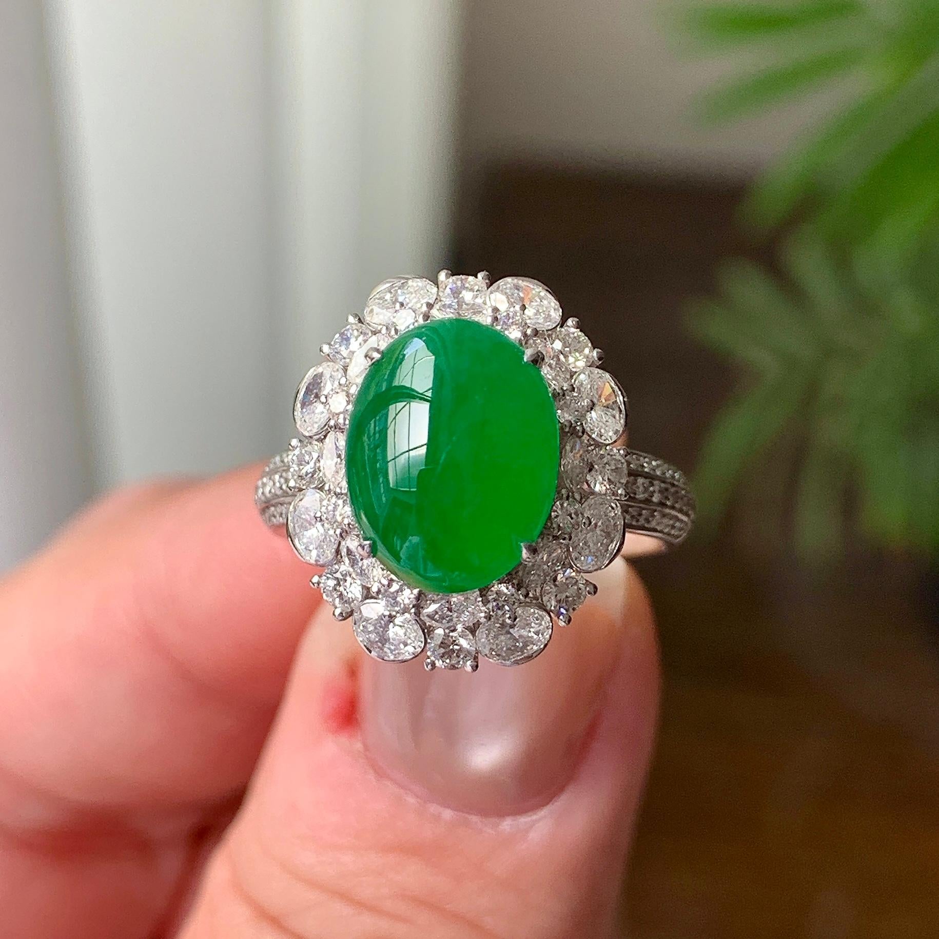 18K金钻镶糯冰种满绿蛋面戒指 天然缅甸A货翡翠（yc361133）