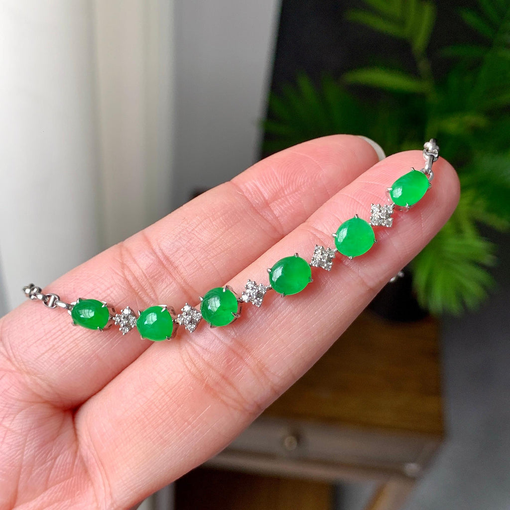 18K金钻镶糯冰种满绿蛋面手链（yc207282）