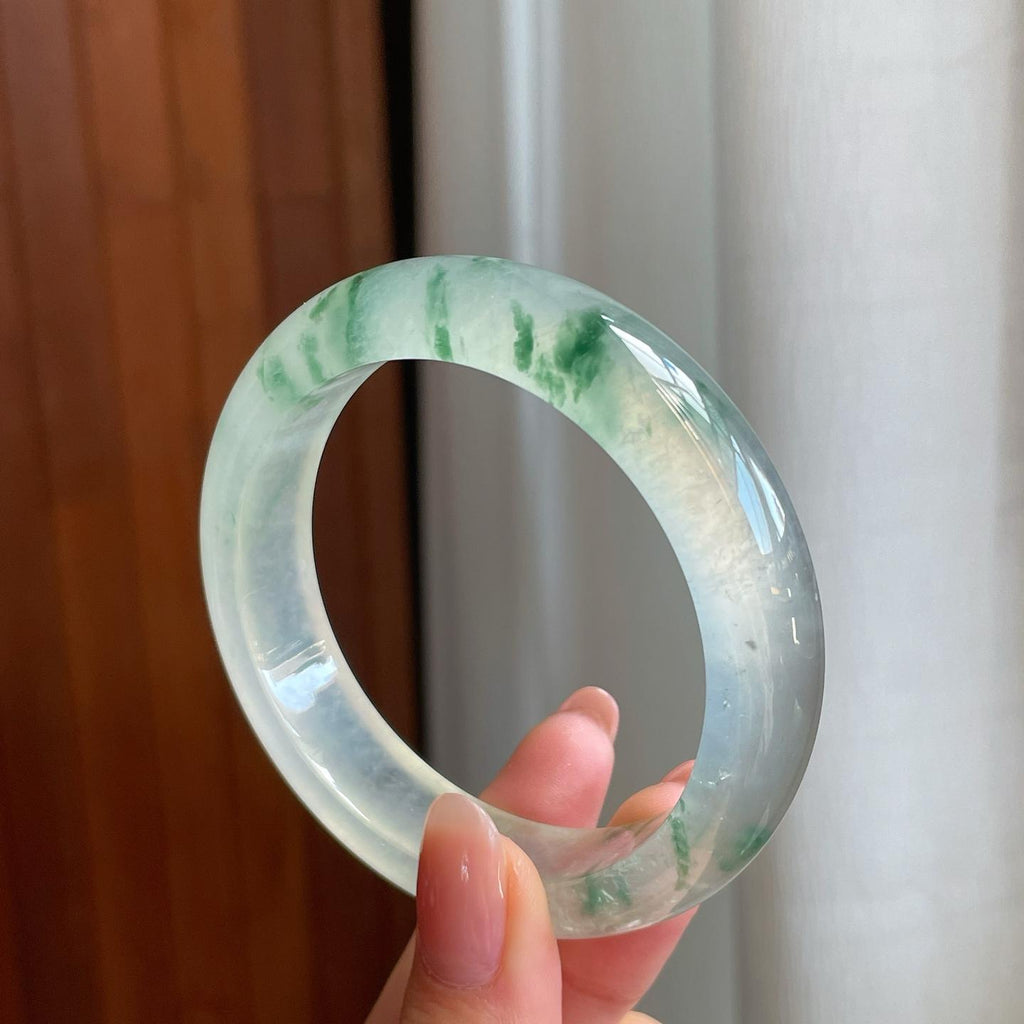 冰玻种飘花翡翠平安镯（57mm）（yc335286）