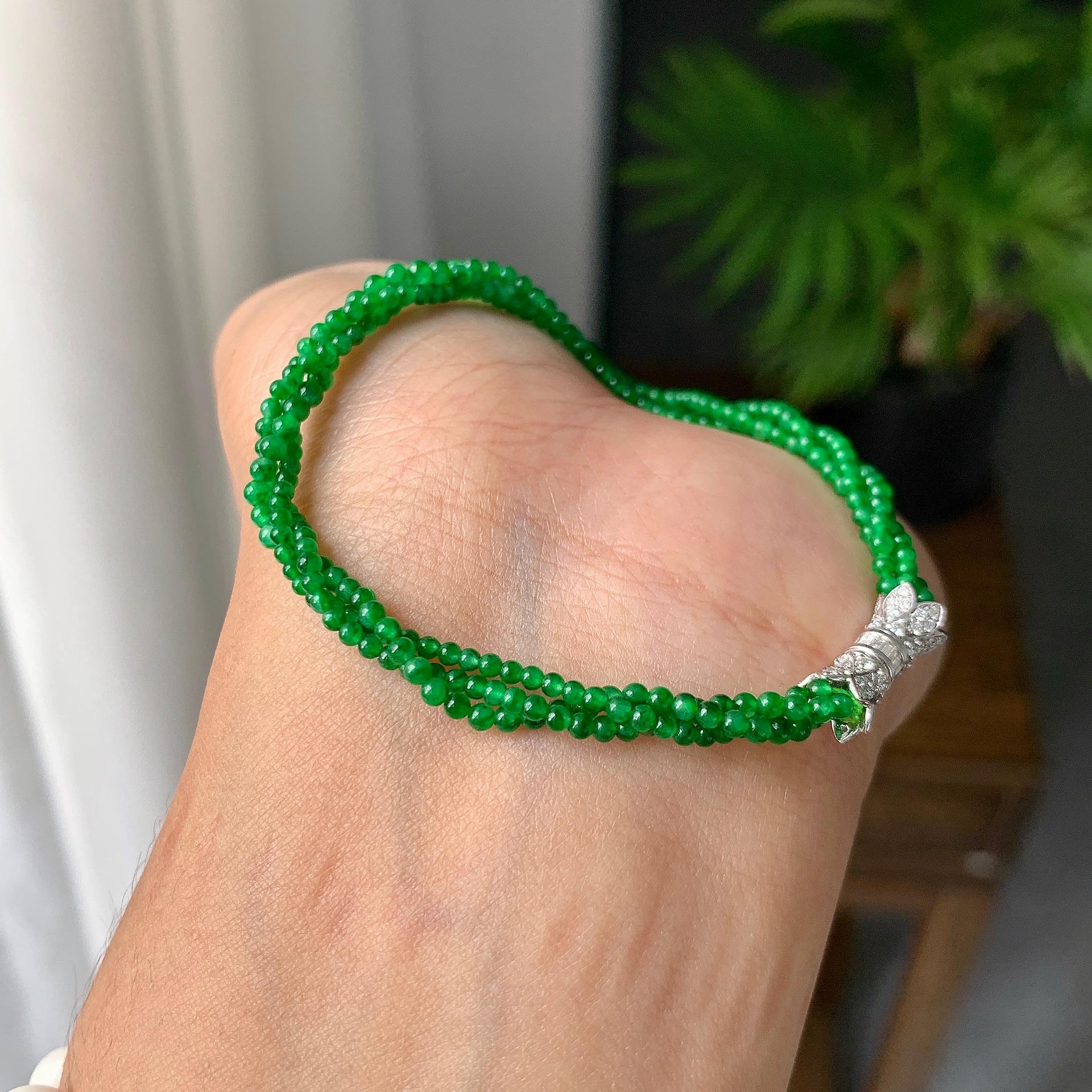 18k金钻镶糯冰种满绿小米珠手链（yc198901）