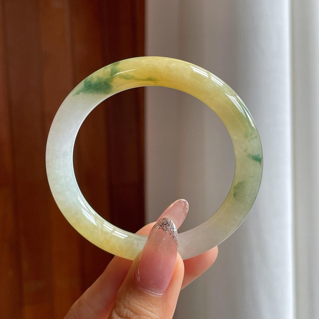 糯冰黄翡飘花翡翠圆条手镯（52.5mm）（yc361781）