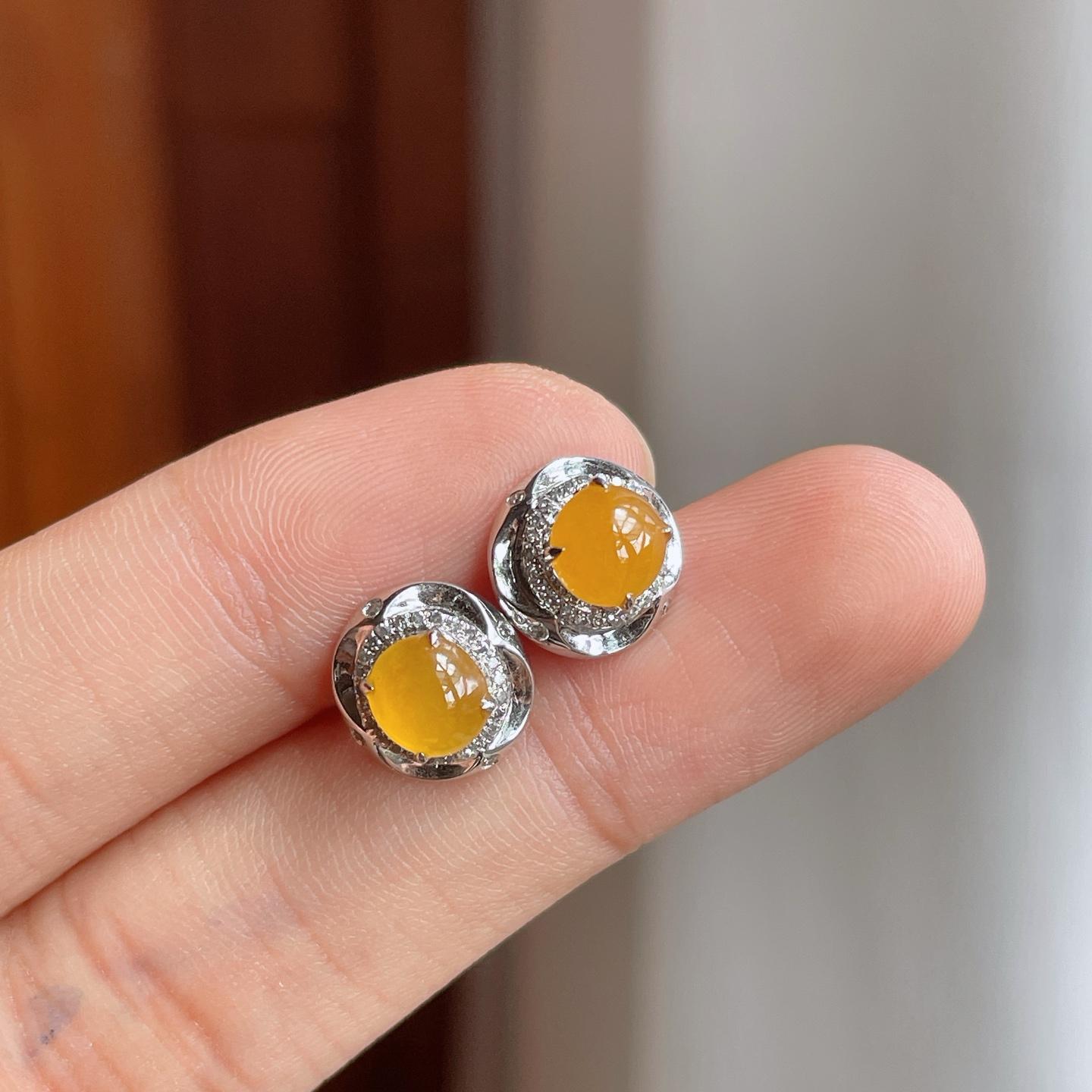 18k金钻镶糯冰黄翡翡翠耳钉（yc257282）