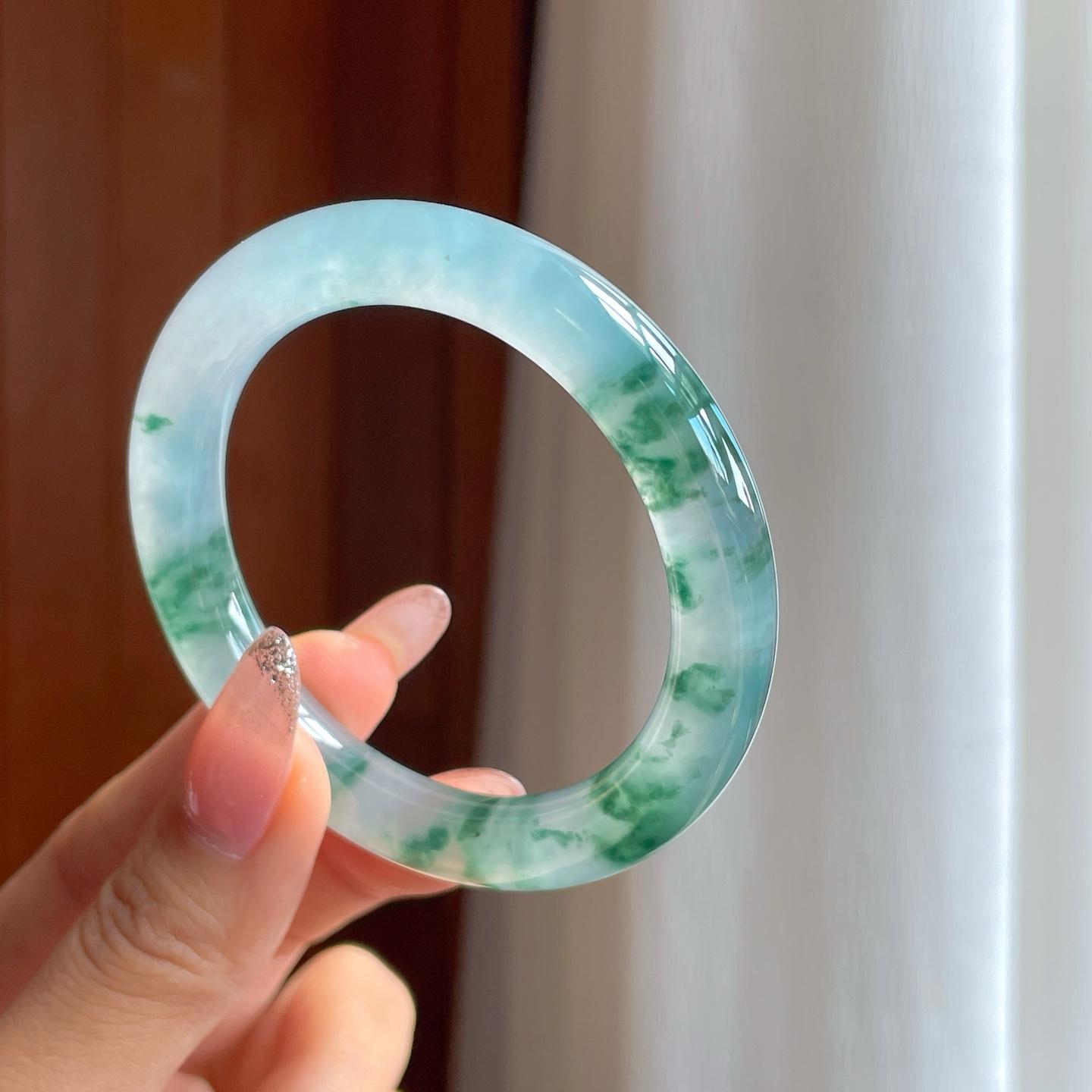 冰种飘花翡翠圆条手镯（53.2mm）（yc361754）
