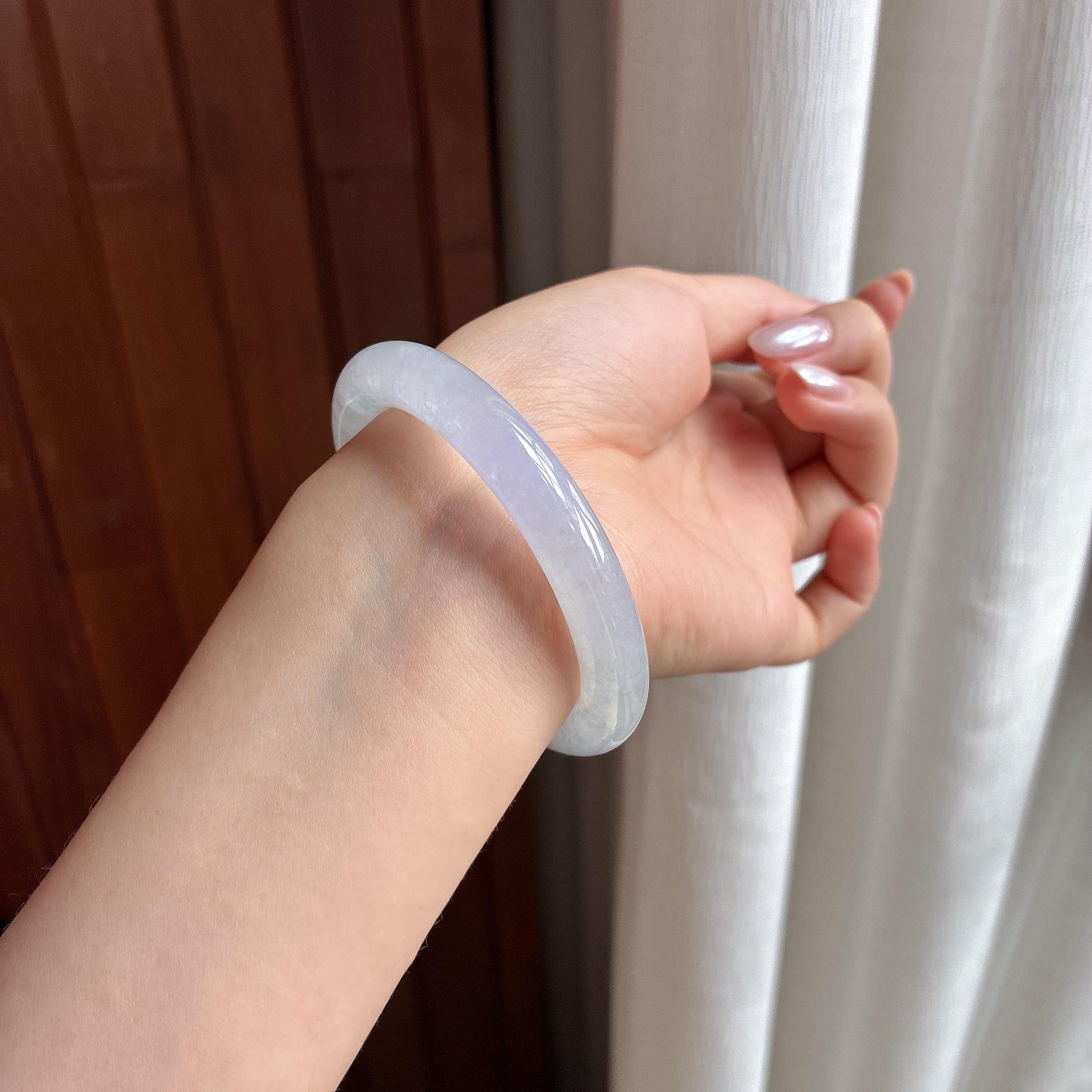 小圈口 冰种带一抹紫圆条手镯 52圈 天然缅甸A货翡翠（yc495749）