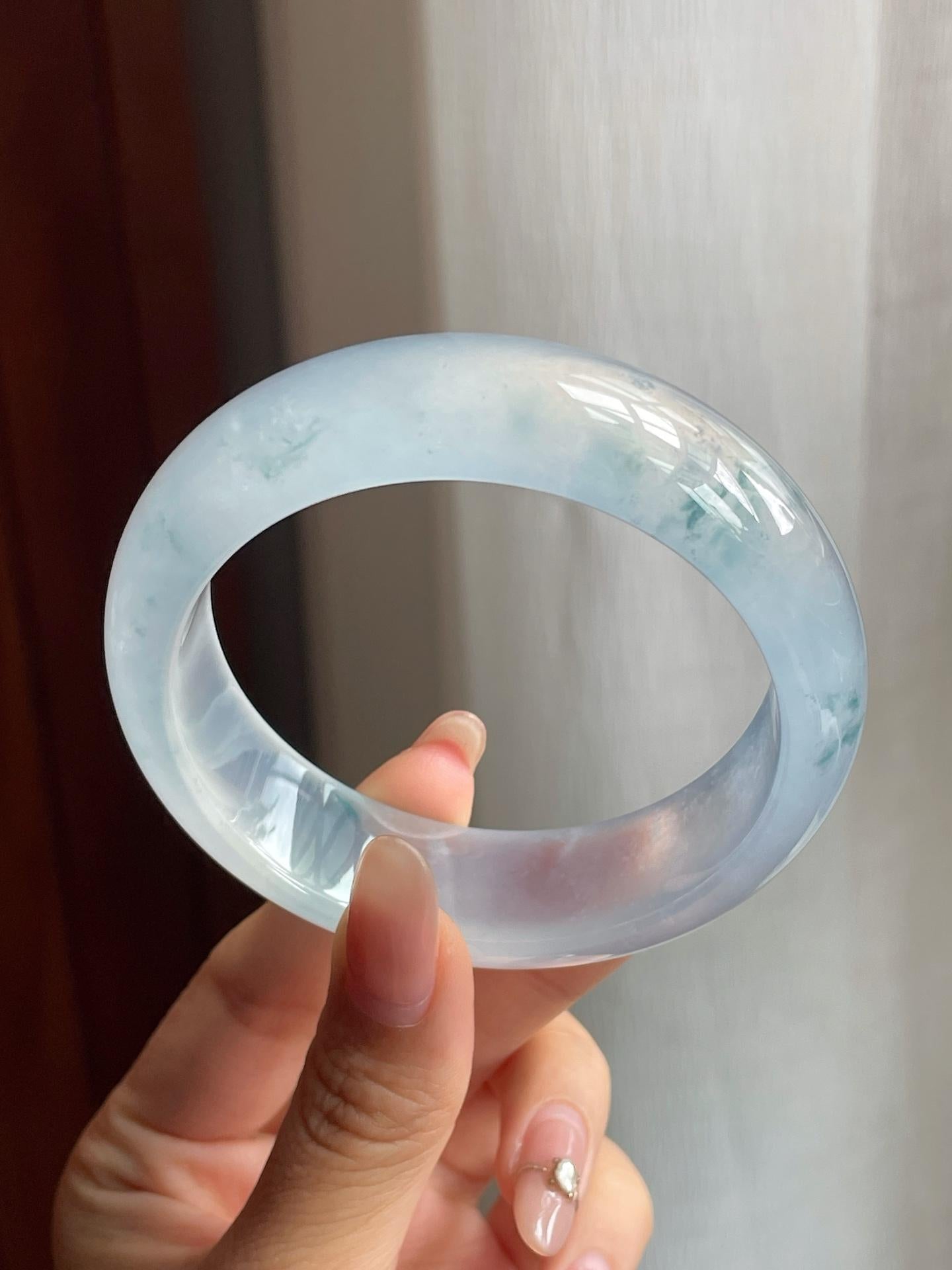 冰玻种飘花翡翠宽版平安镯（59mm）（yc196578）