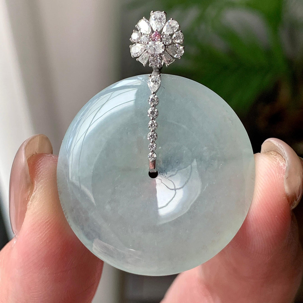 18K金钻镶糯冰种淡晴底平安扣吊坠  天然缅甸A货翡翠（yc430755）