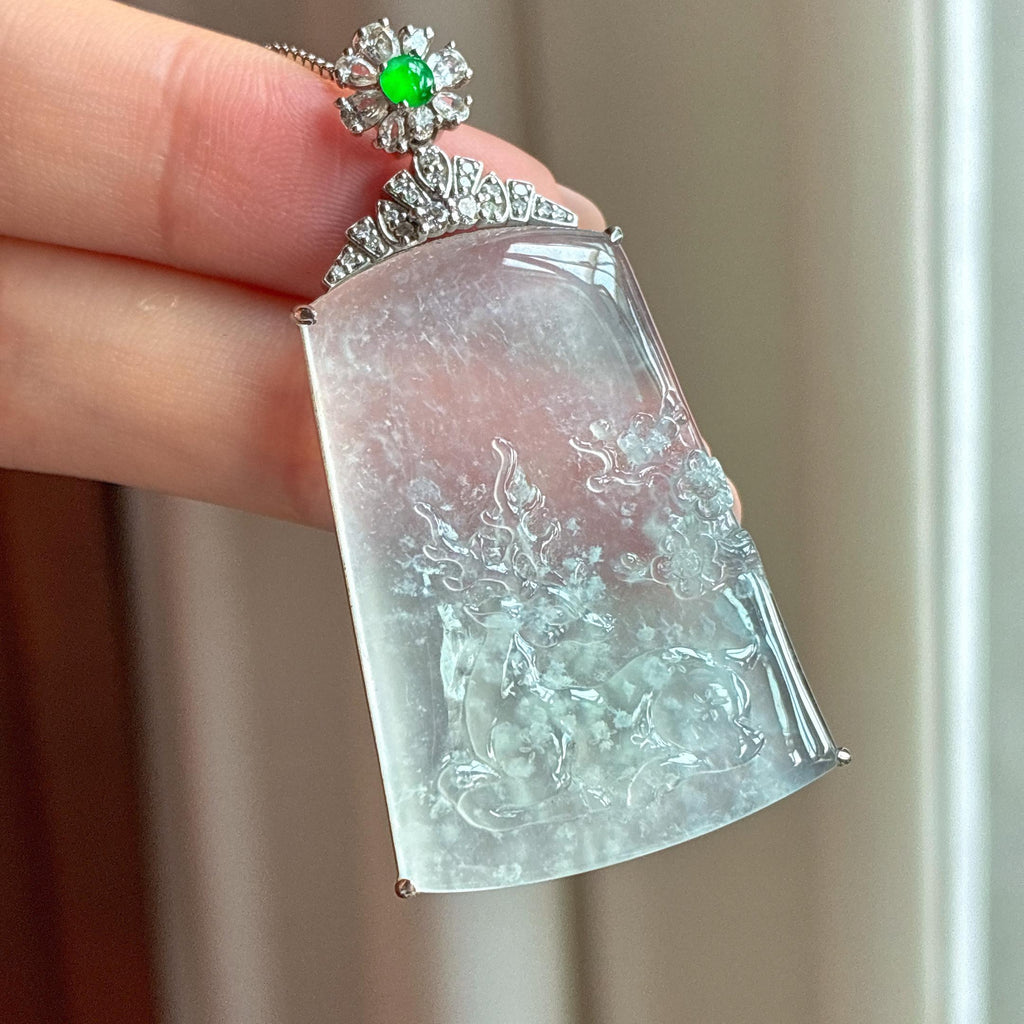 18k金镶冰玻种雪花棉翡翠山水牌（yc428130）