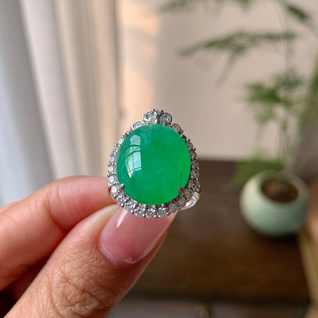 18k金钻镶糯冰种满绿蛋面戒指/吊坠（两用款）（yc284466）
