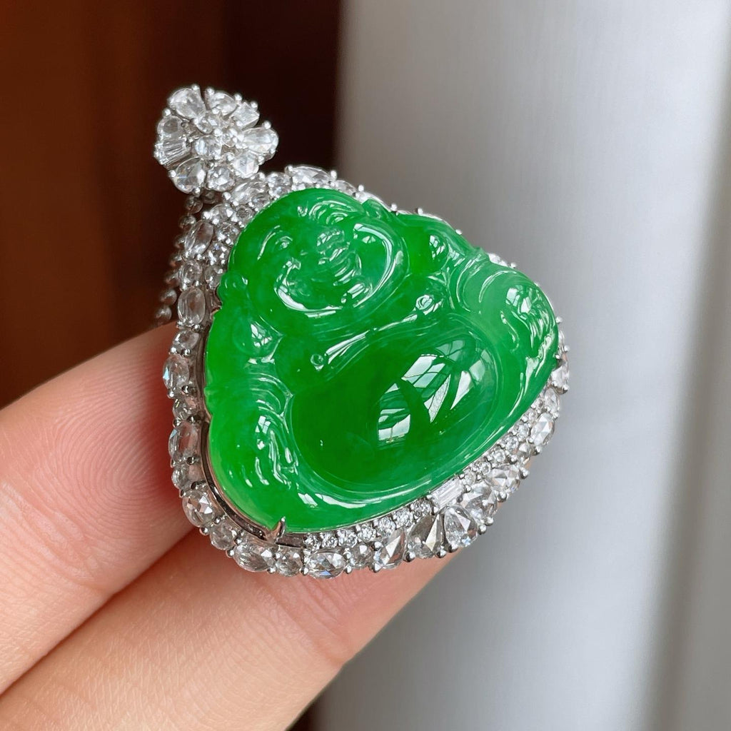 18k金镶糯冰满绿翡翠佛公（yc244909）