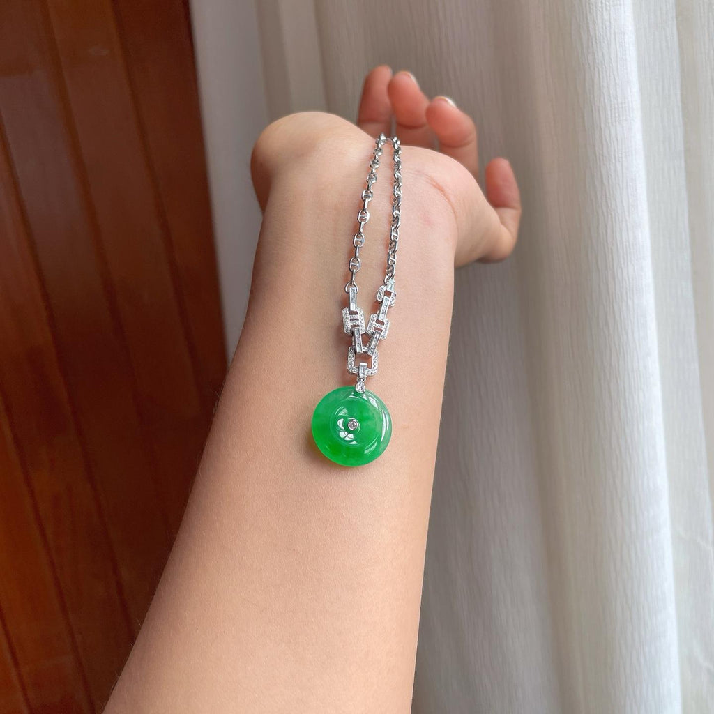 18k金镶冰种满绿翡翠平安扣（yc254042）