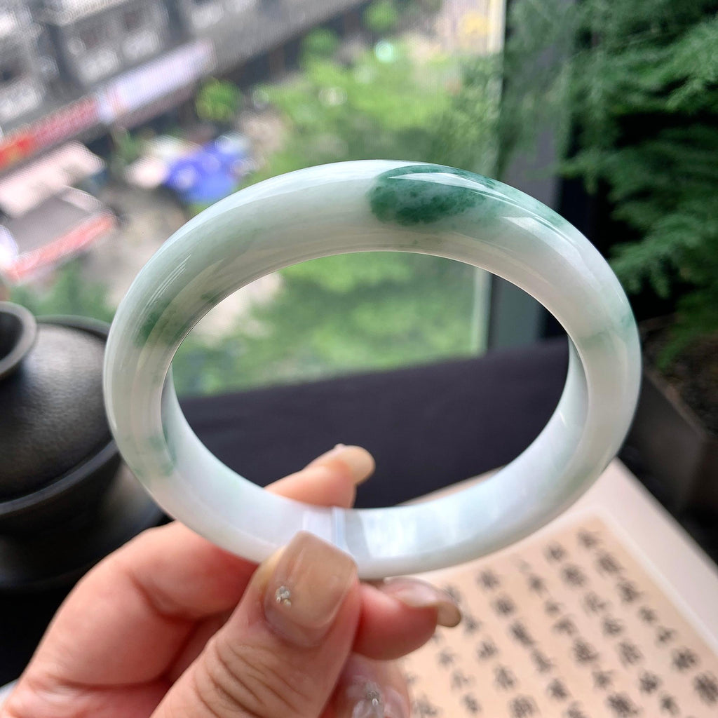 大圈口 细糯种飘绿花正圈平安镯 59圈口 天然缅甸A货翡翠（yc477608）