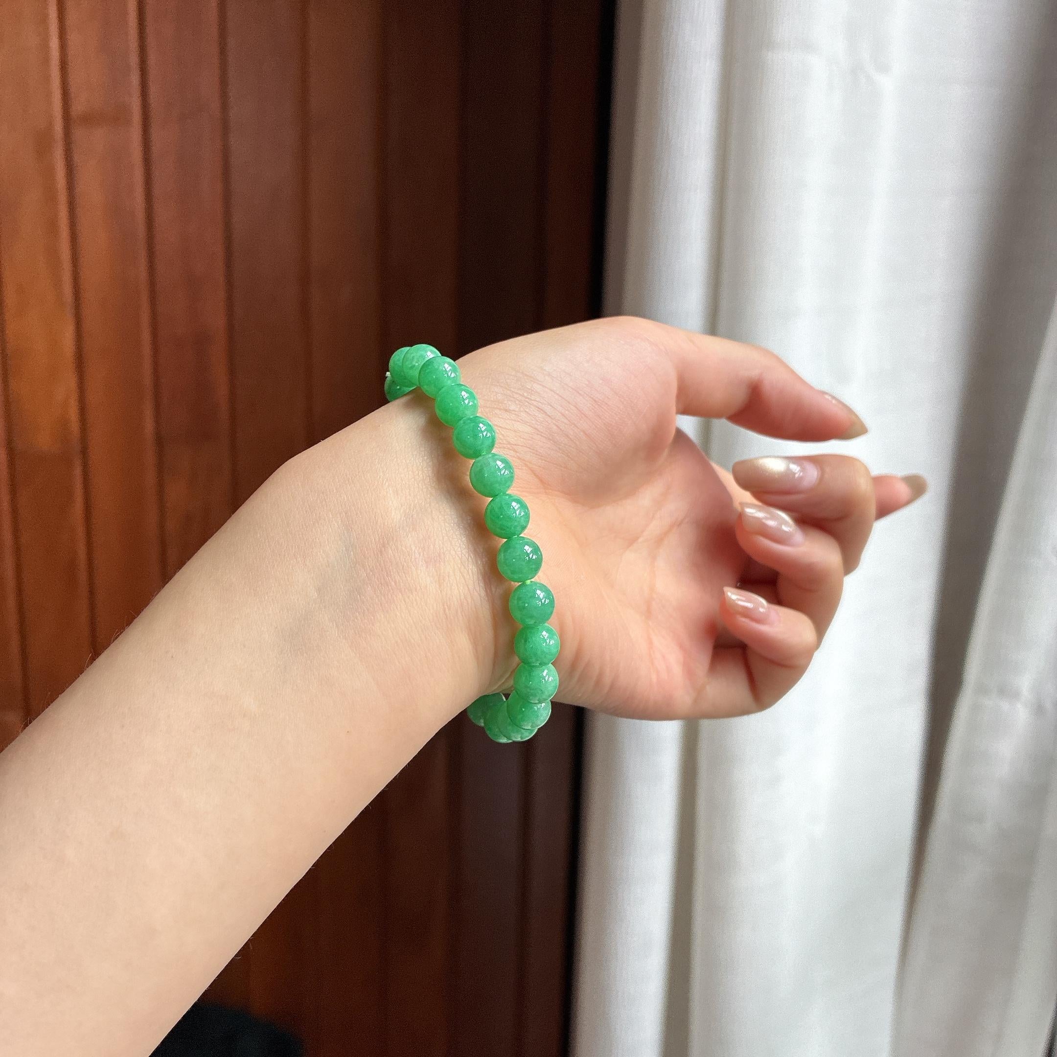 细糯种满绿手串 天然缅甸A货翡翠（yc454309）
