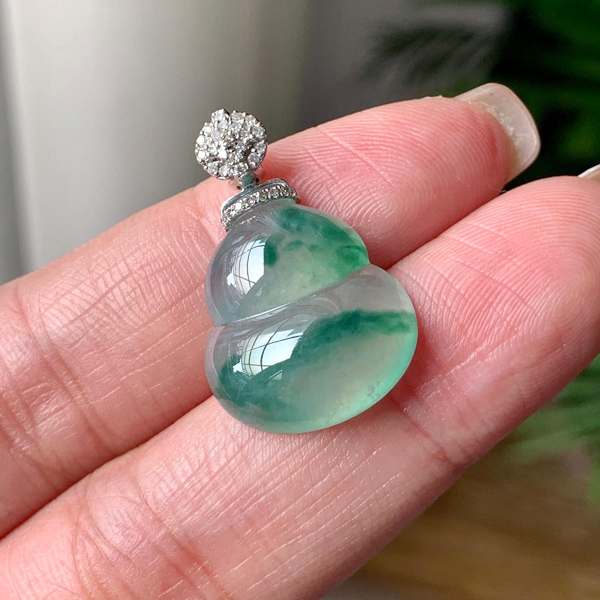 18K金钻镶糯冰种飘蓝花葫芦吊坠 天然缅甸A货翡翠（yc367608）