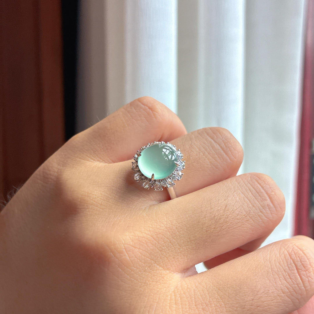 Bộ ba Ngọc Phỉ Thúy Myanmar tự nhiên loại A 18k đính đá băng chủng nền xanh nhạt phát quang (yc451547)