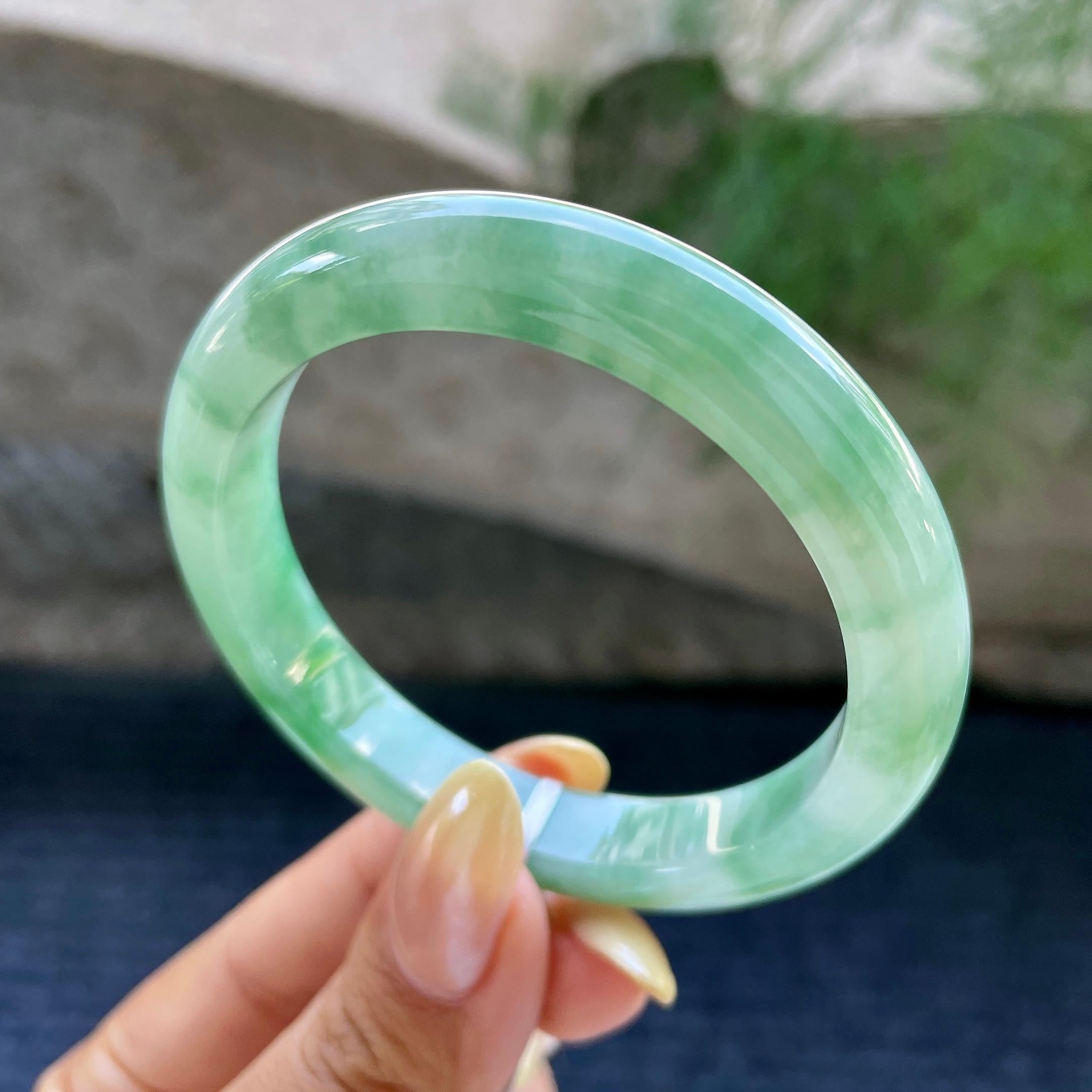 小圈口 细糯种飘花正圈平安镯53.9圈 天然缅甸A货翡翠（yc466821）