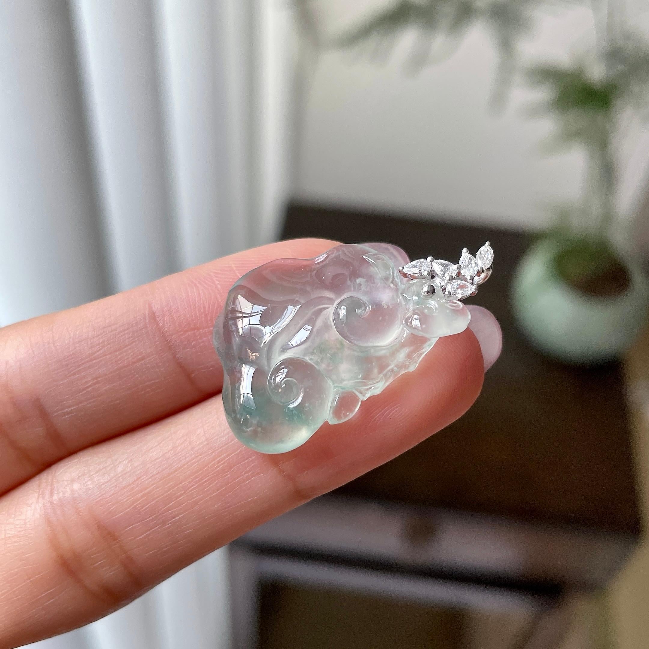 18k金钻镶冰种飘花如意吊坠（yc312573）