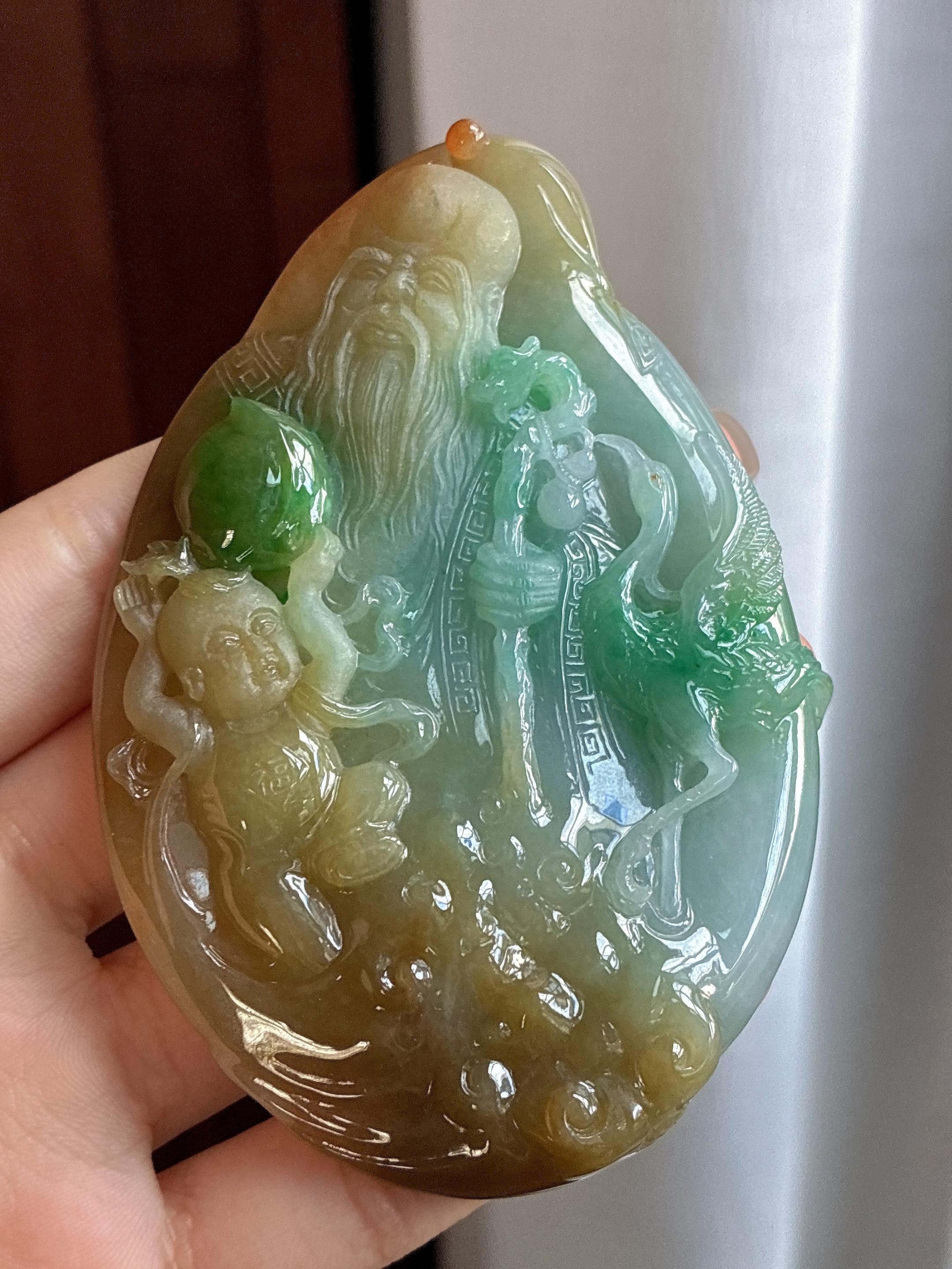 细糯种黄加绿寿星挂件 天然缅甸A货翡翠（yc484154）