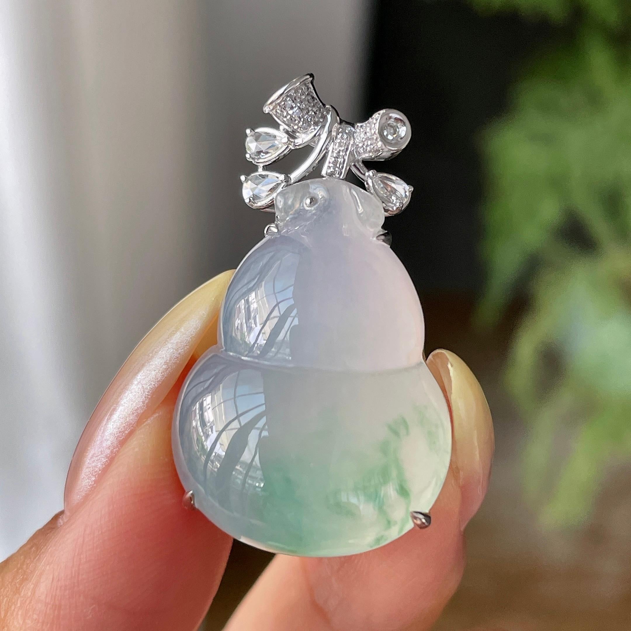 18k金镶糯冰种飘花葫芦吊坠         天然缅甸A货翡翠（yc454810）
