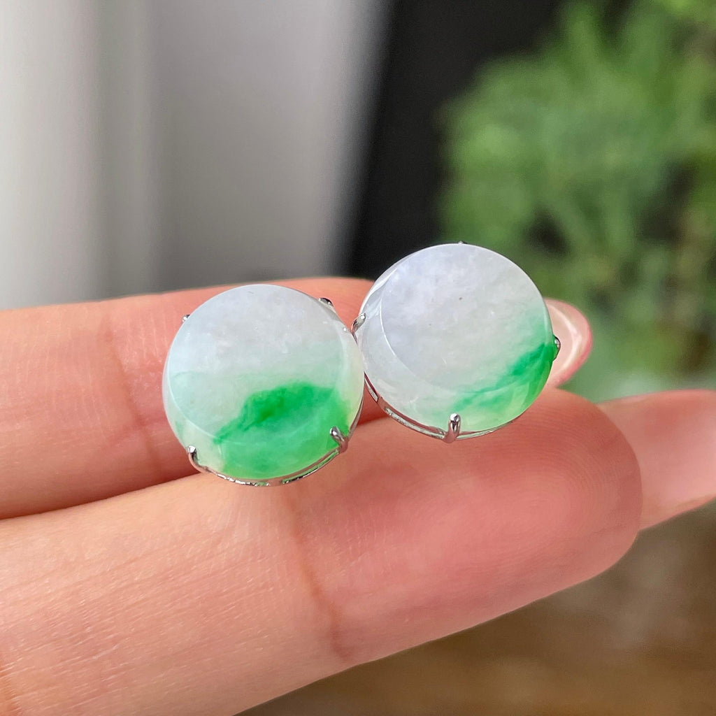 18k金镶细糯种飘绿圆牌耳坠        天然缅甸A货翡翠（yc449568）