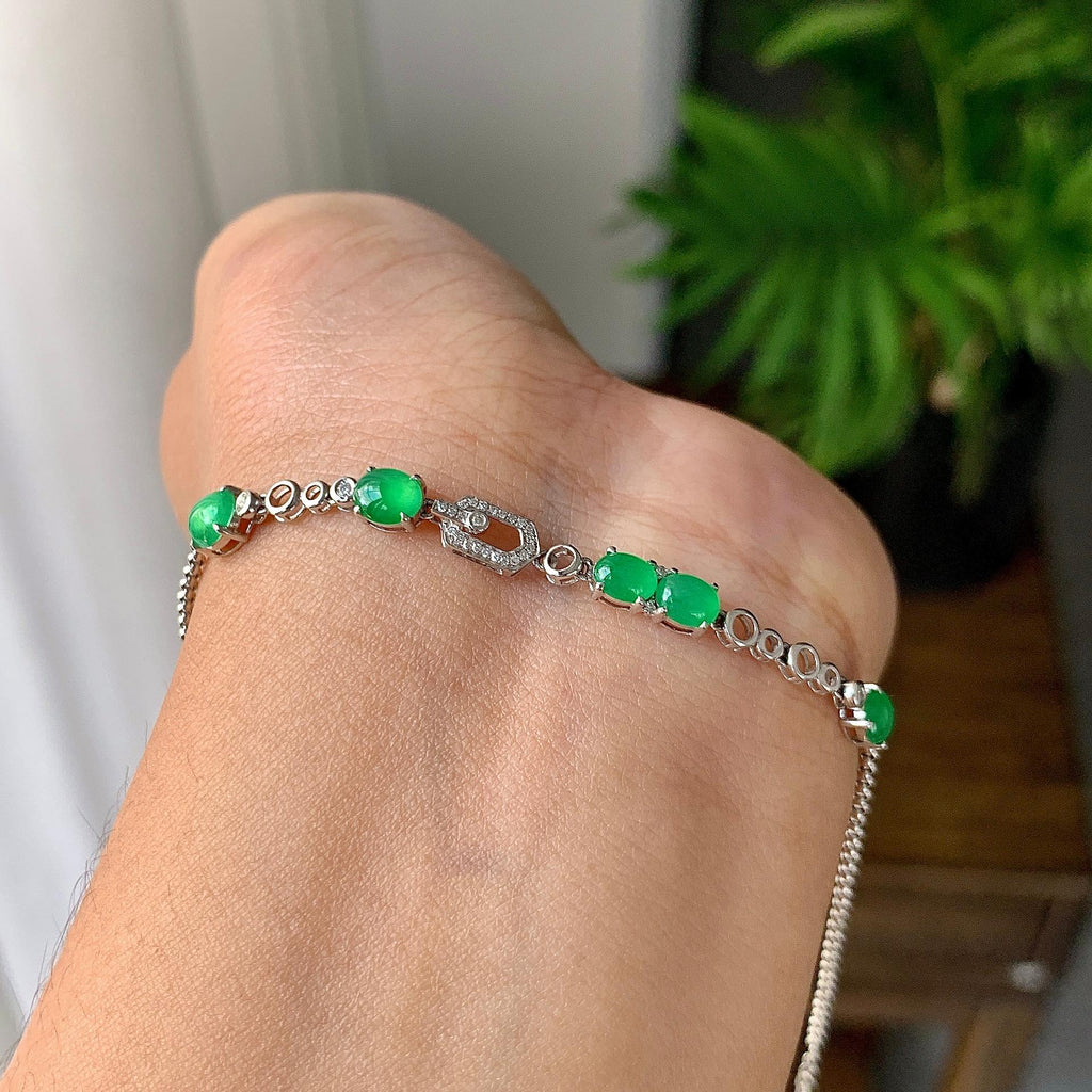 18k金钻镶冰种满绿蛋面手链（yc215983）