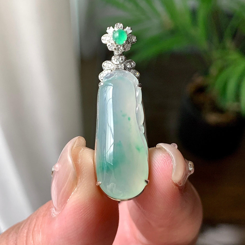 18K金钻镶糯冰种飘绿花福瓜吊坠  天然缅甸A货翡翠（yc453380）