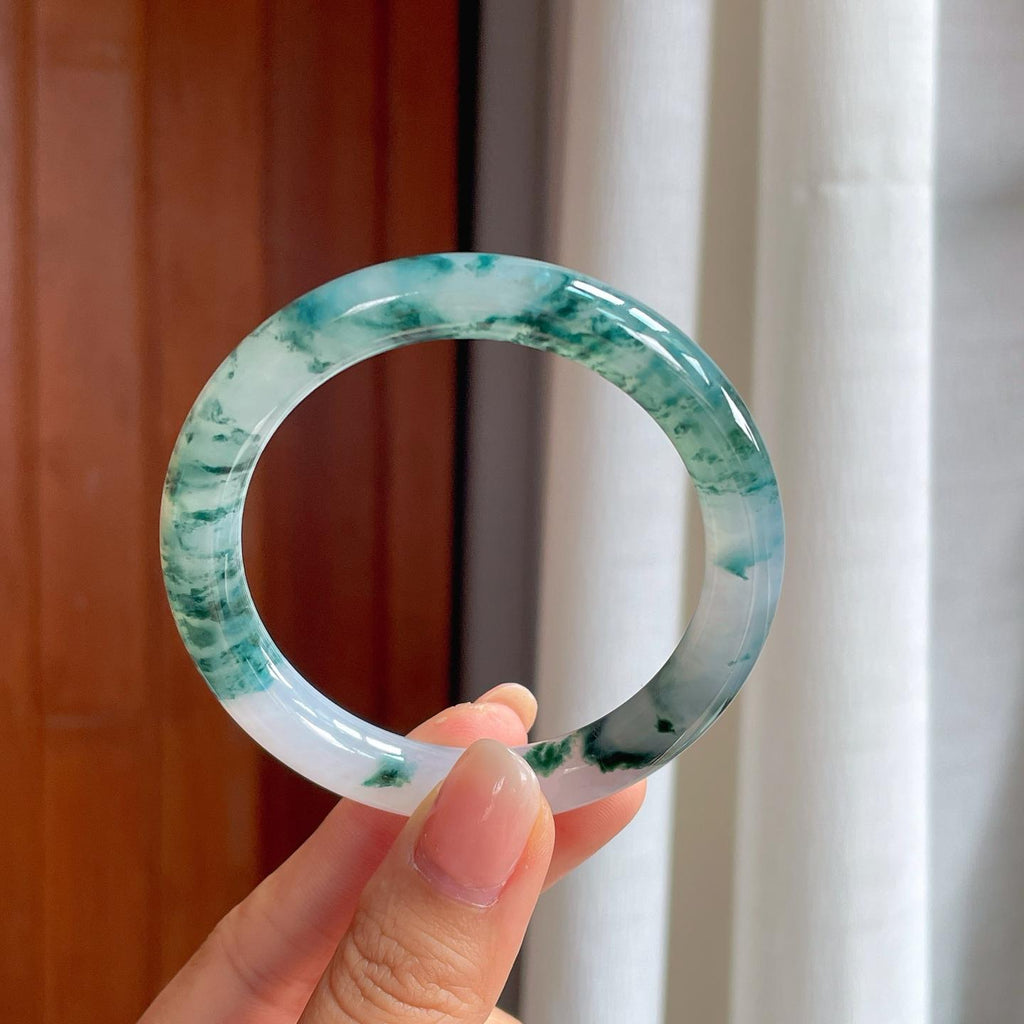 糯冰水墨花翡翠圆条手镯（53.5mm）（yc414712）
