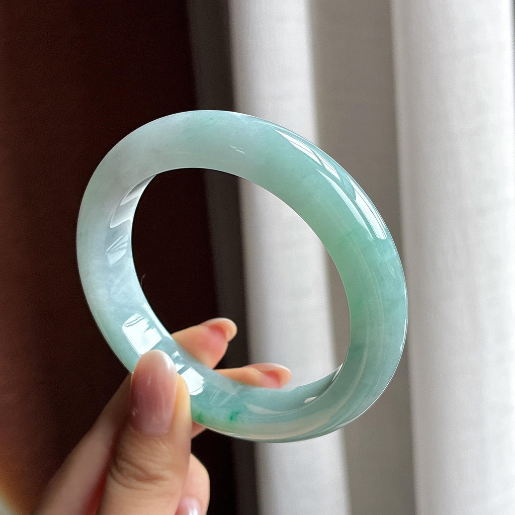 大圈口 糯冰蓝晴飘花正圈平安镯 59圈 天然缅甸A货翡翠（yc692530）
