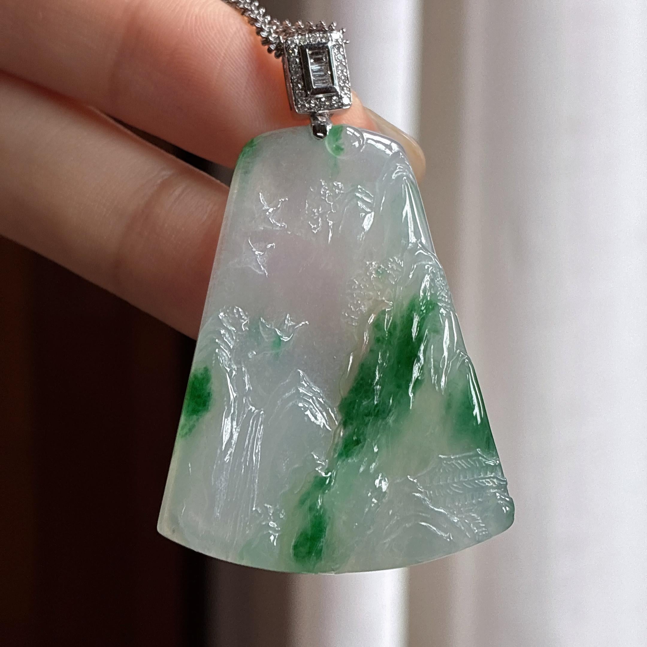 18k金扣头糯冰飘花山水牌挂件 天然缅甸A货翡翠（yc465970）