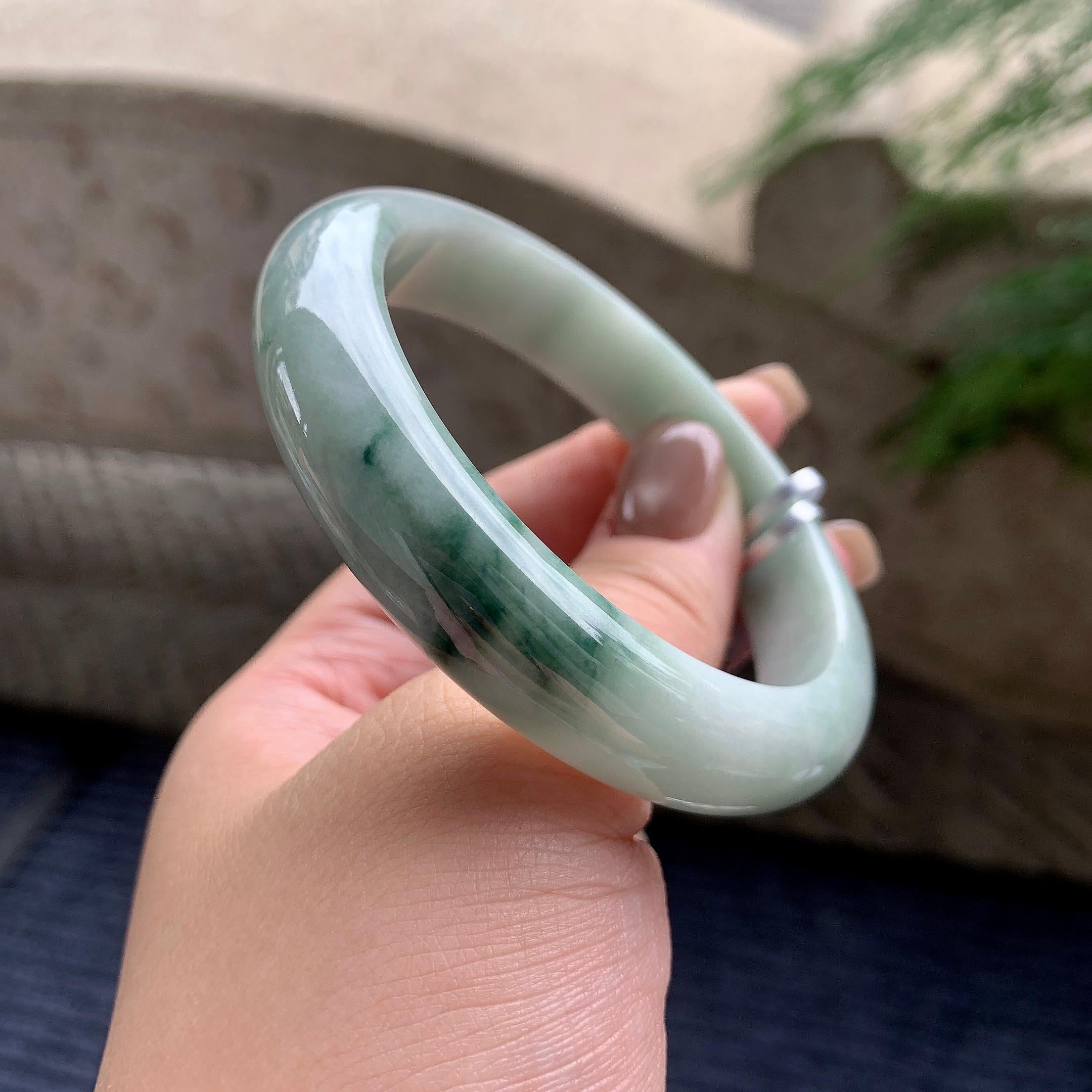 糯种飘蓝花正圈平安镯  59圈口  天然缅甸A货翡翠（yc421263）
