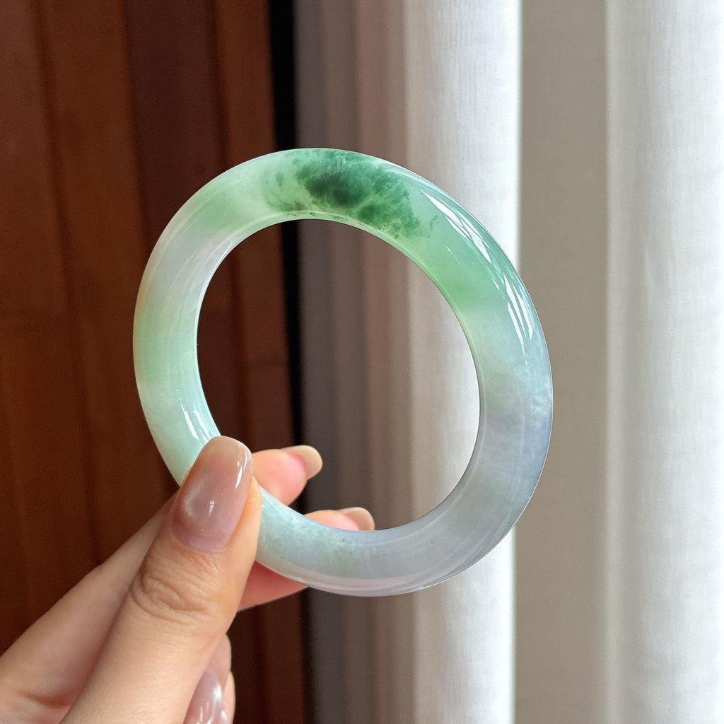 糯冰飘花翡翠圆条手镯 55圈（yc436452）