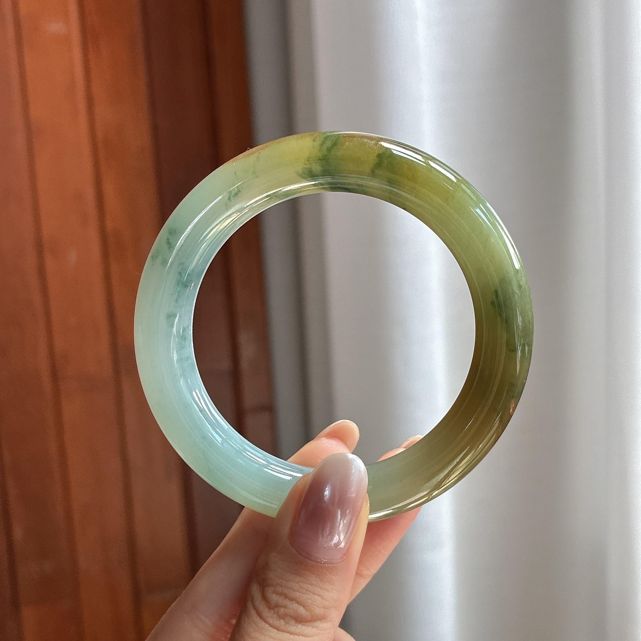 糯冰黄翡飘花特色圆条手镯 53圈 天然缅甸A货翡翠（yc697715）