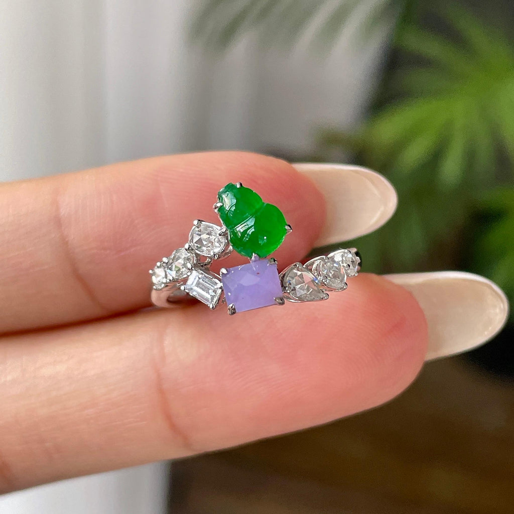 18k金钻镶冰种多彩葫芦戒指     天然缅甸A货翡翠（yc421299）