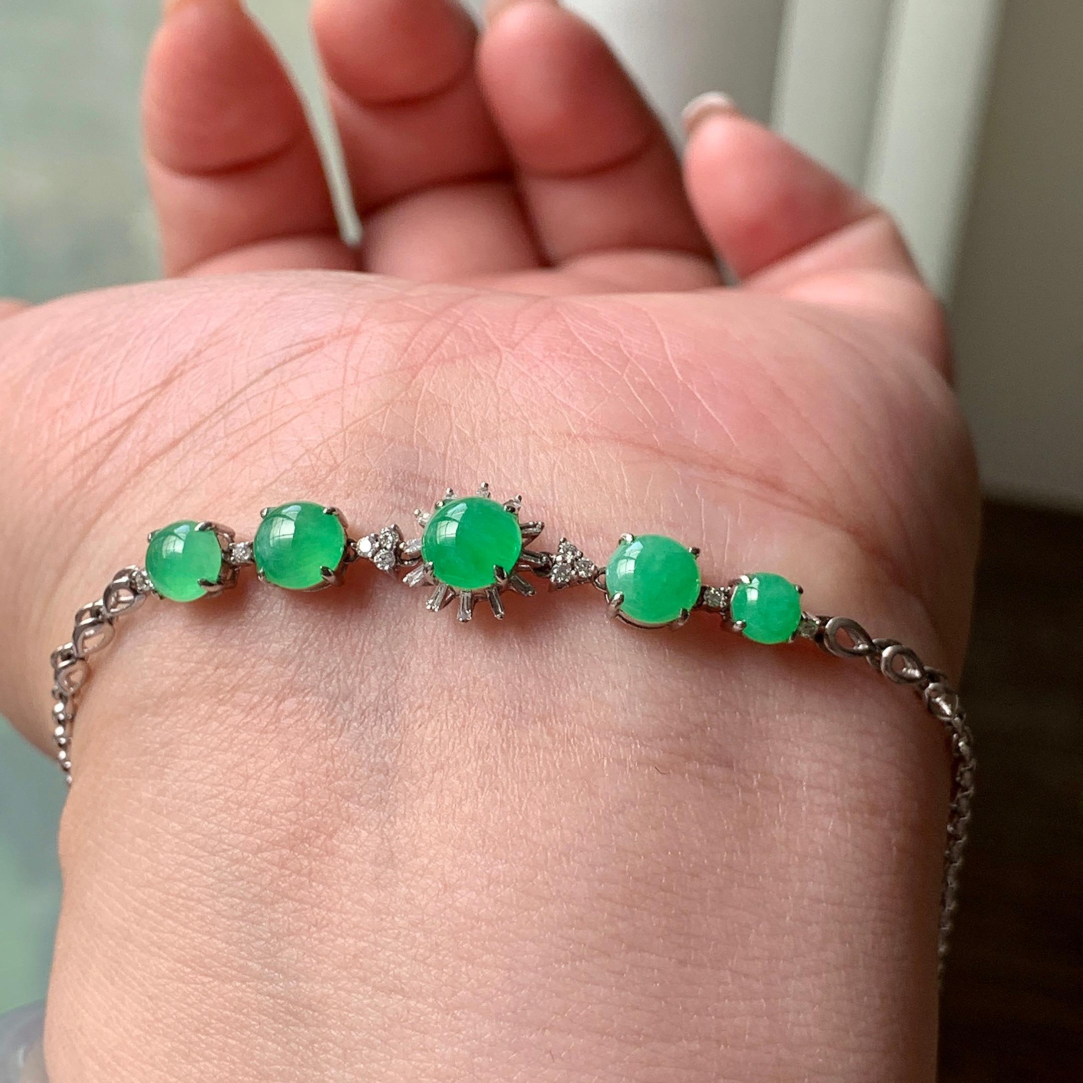 18K金钻镶糯冰种翠绿蛋面手链  天然缅甸A货翡翠（yc362103）