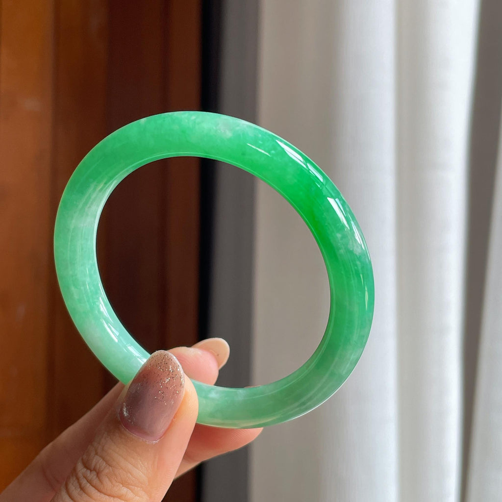 糯冰阳绿圆条手镯 53圈天然缅甸A货翡翠（yc440565）