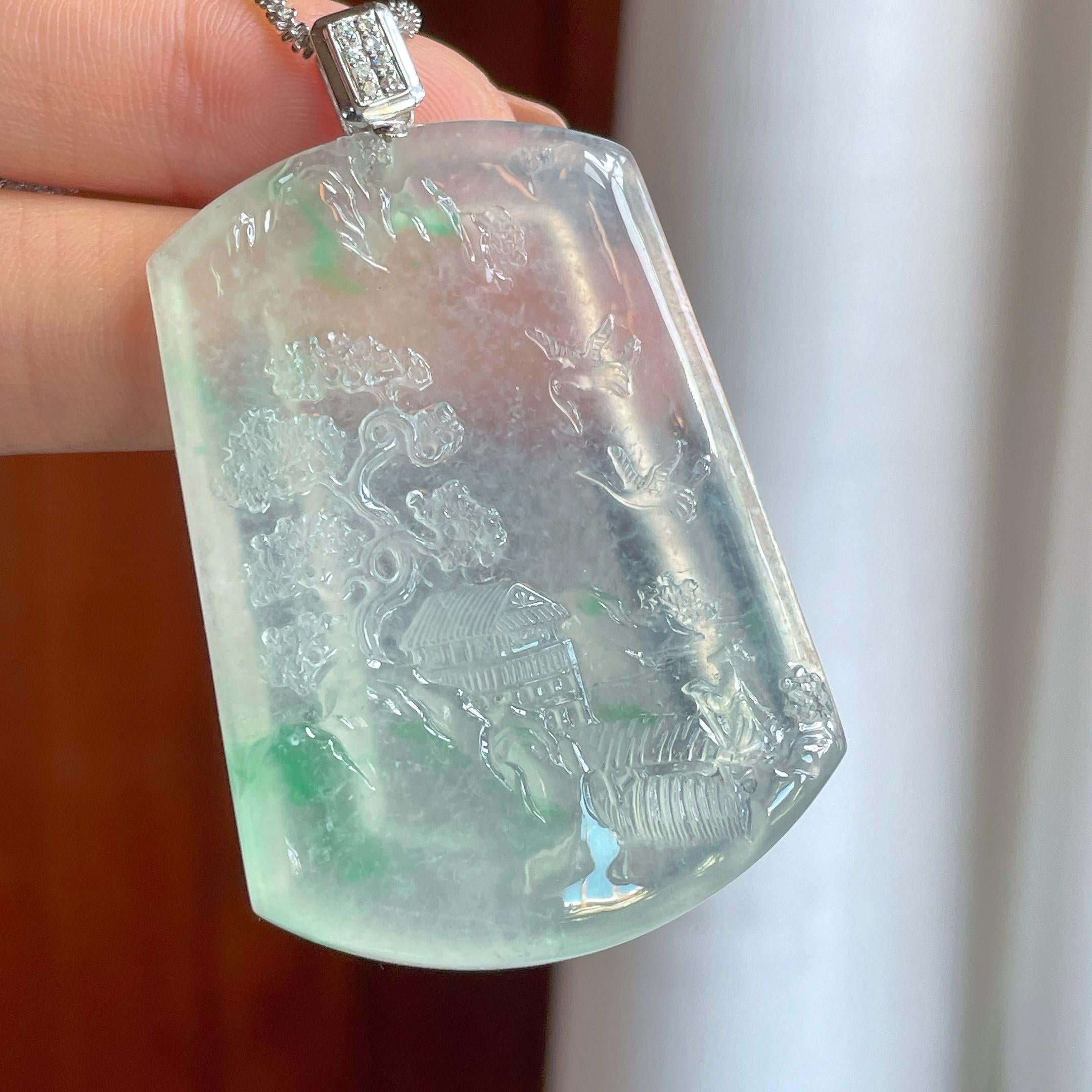 18k金钻镶冰种飘绿花翡翠山水牌（yc292734）