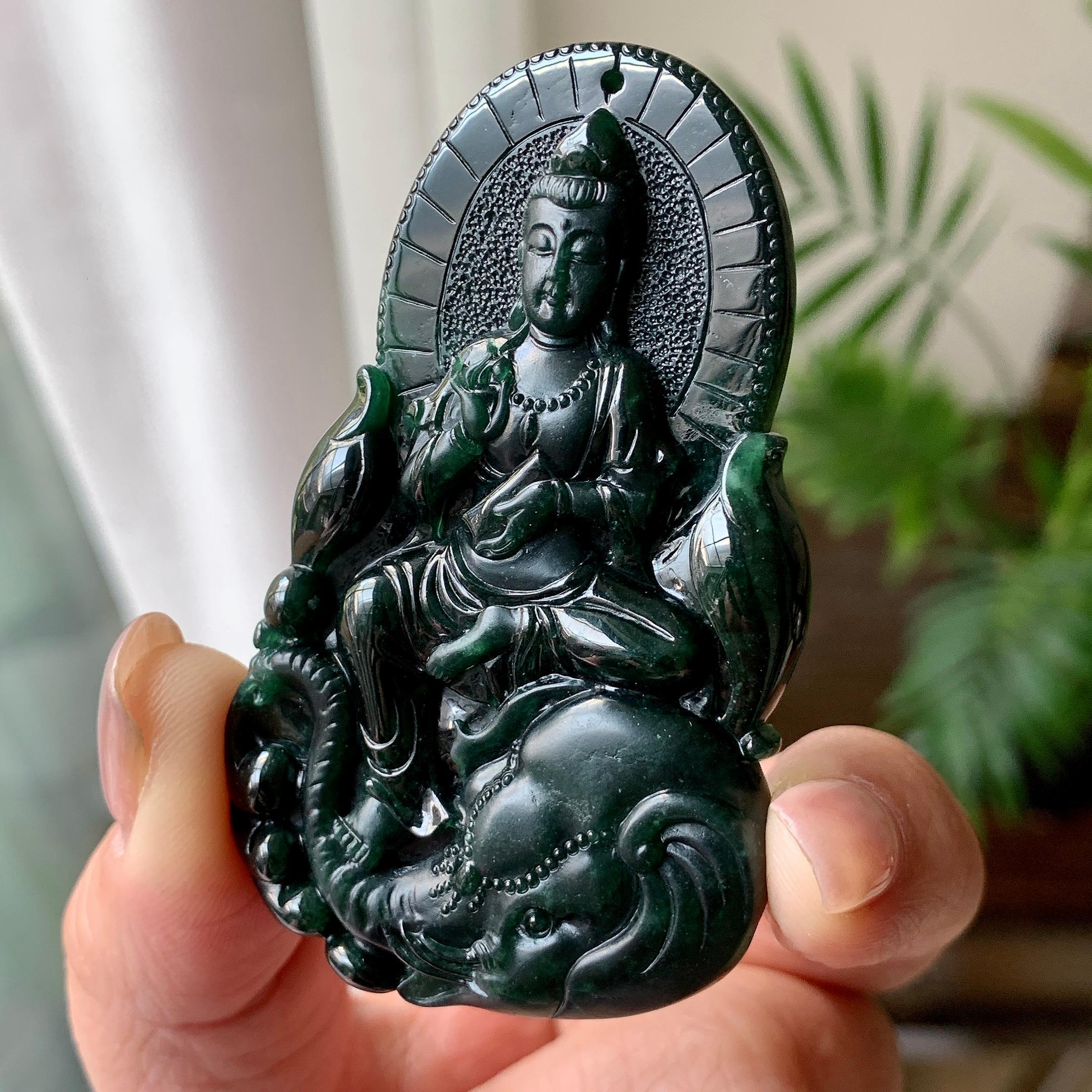 细糯种墨翠普贤菩萨挂件 天然缅甸A货翡翠（yc351361）