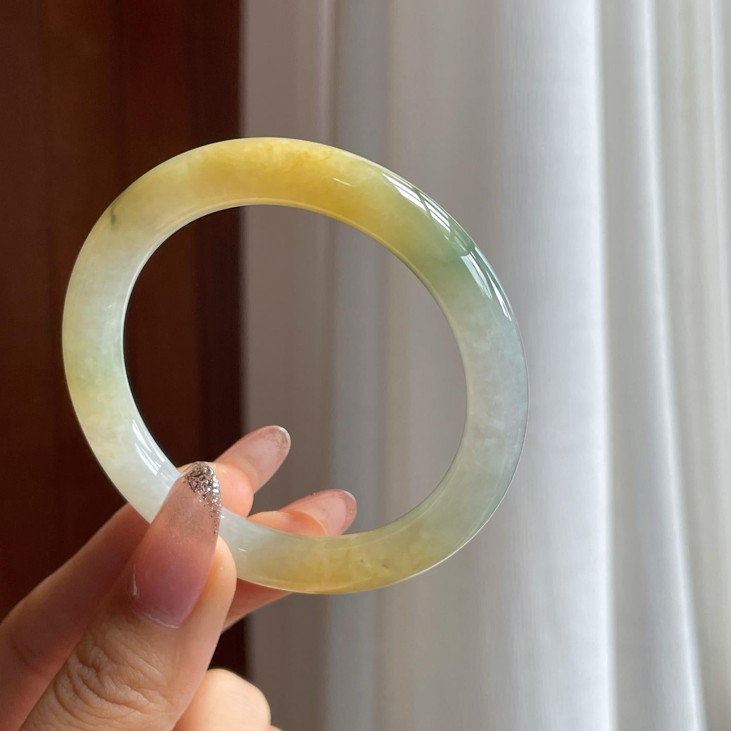 糯冰黄翡飘花翡翠圆条手镯（52.5mm）（yc361781）