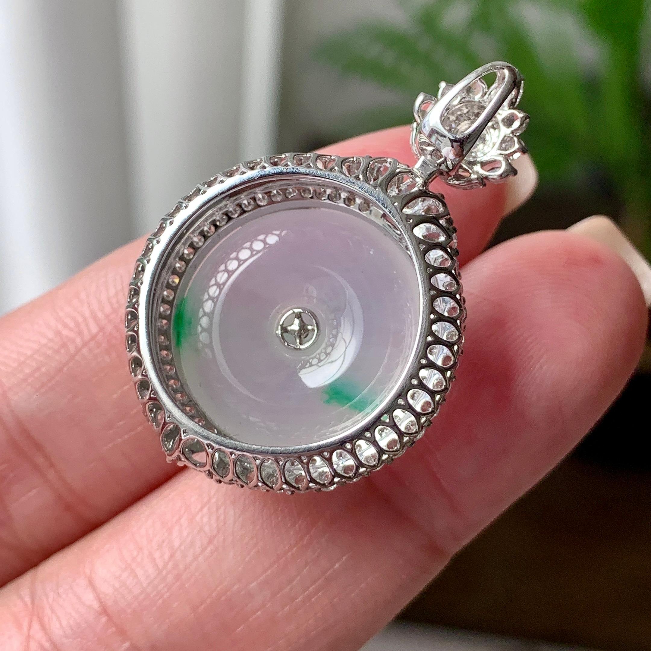 18K金钻镶糯冰种飘绿花平安扣吊坠  天然缅甸A货翡翠（yc445827）