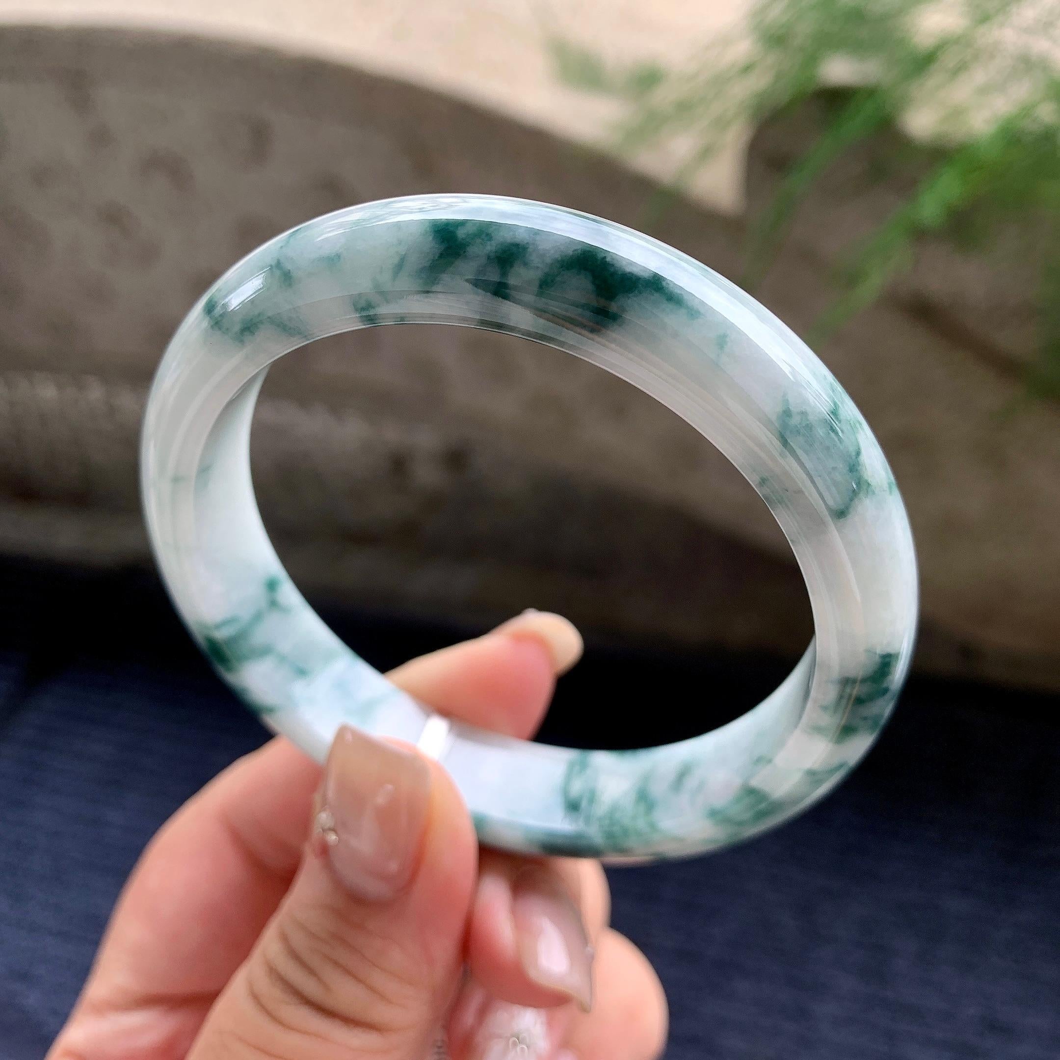 细糯种飘蓝花正圈平安镯 58圈口 天然缅甸A货翡翠（yc464071）