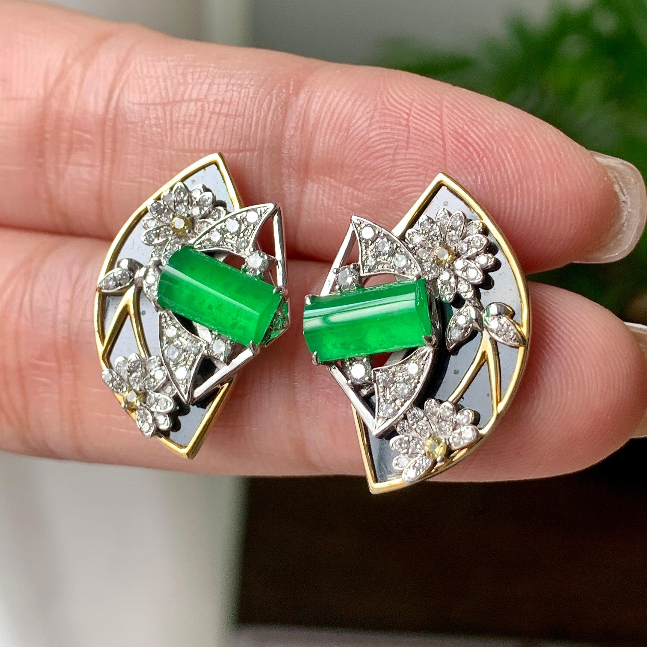 18K金钻镶糯冰种满绿随型耳钉  天然缅甸A货翡翠（yc362081）